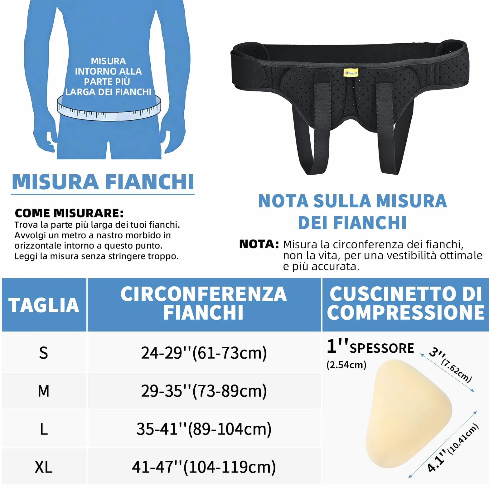 Tenbon Cintura per ernia per uomini e donne Cintura per ernia regolabile flessibile Supporto per ernia Sollievo dal dolore con 2 cuscinetti di compressione rimovibili (L)