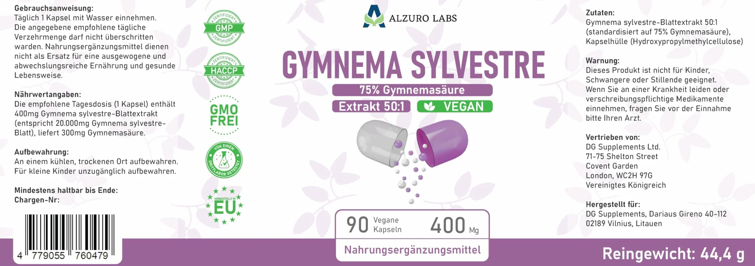 Gymnema Sylvestre 20,000mg Estratto 50:1 400mg 75% Acido Gymnemico 90 Capsule Vegane