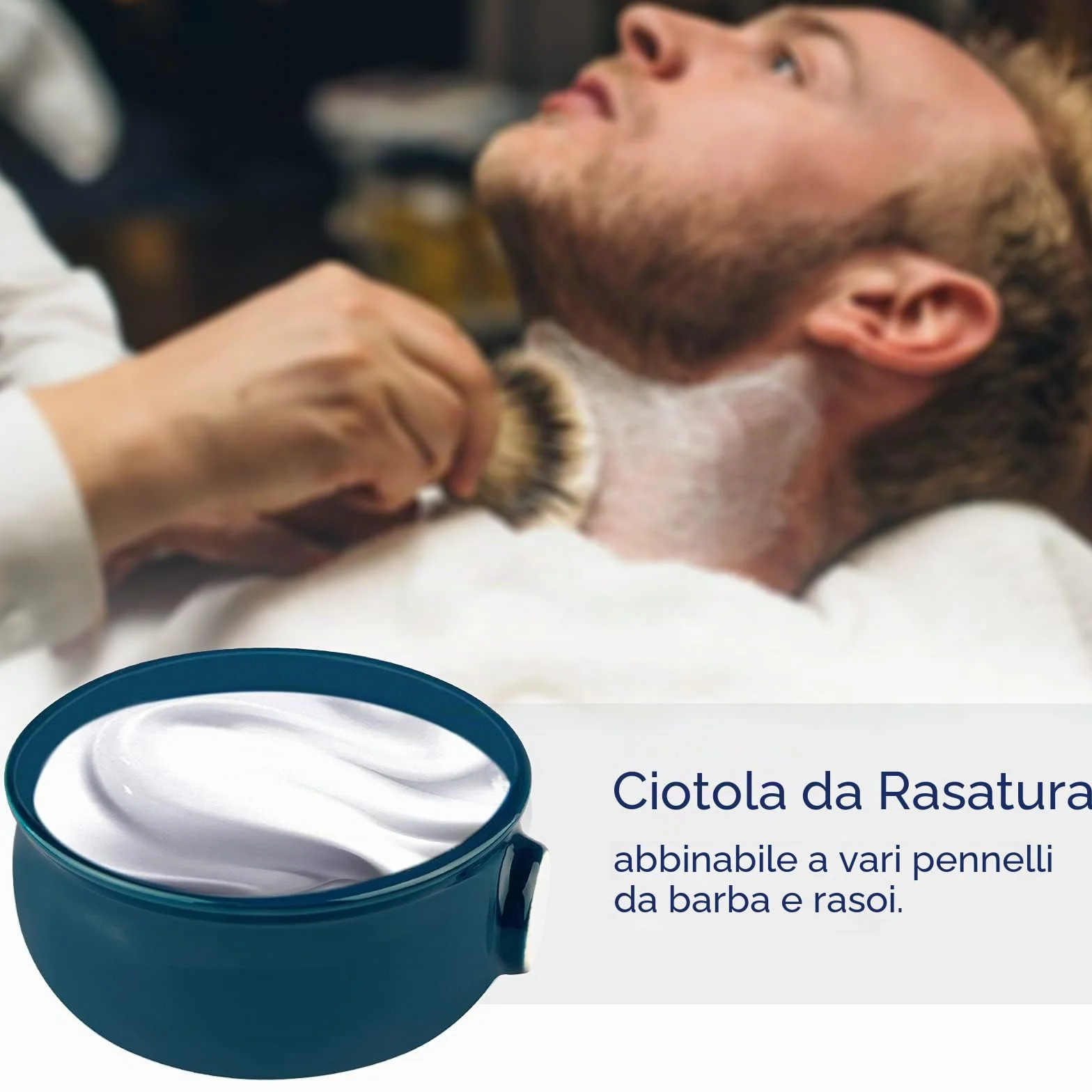 Linkidea Ciotola per Sapone da Barba in Ceramica con Manico Antiscivolo, Bocca Larga, Grande Capacità, Creste Più Facili da Insaponare, Ciotola per Crema da Barba per Rasoio Umido per Uomo, Blu Lago