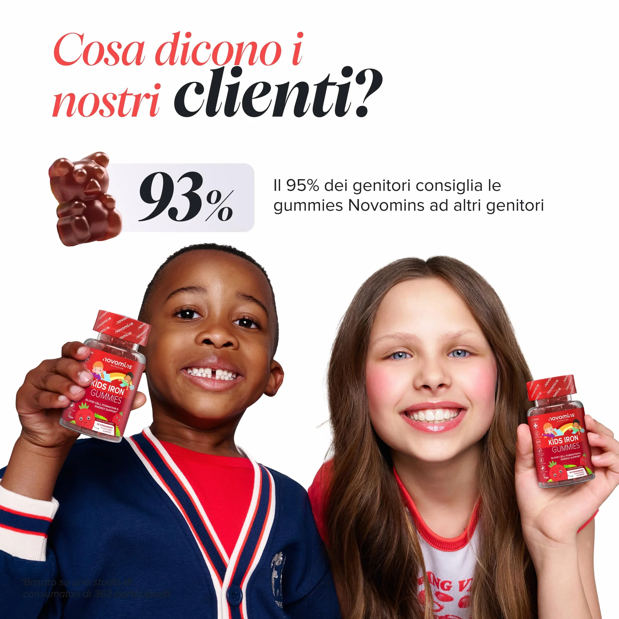 Ferro Bambini Gommose – Ferro + Vitamina C per l'Assorbimento – Energia, Globuli Rossi e Difese – Vegano, Senza Glutine – 30 Gommose Gusto Fragola – Novomins