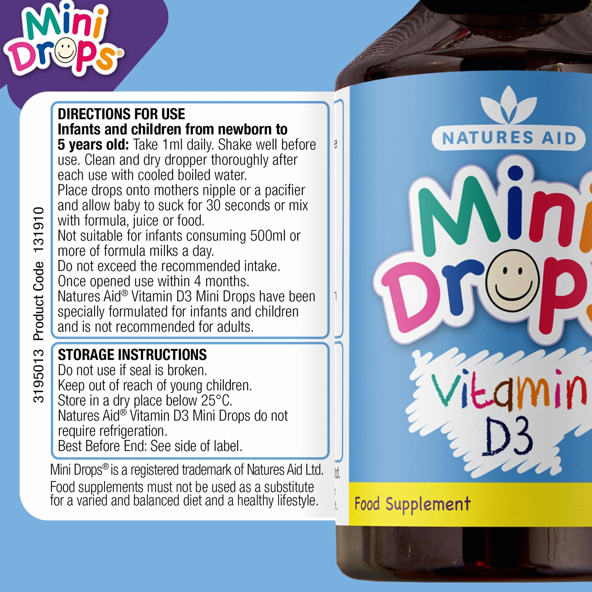 Natures Aid Mini Drops Vitamina D3 50ml per Neonati e Bambini, Supporto per Ossa, Denti e Sistema Immunitario, Senza Zucchero, Vegano, Senza Glutine, Sostegno alla Crescita per Bambini da 0 a 5 Anni