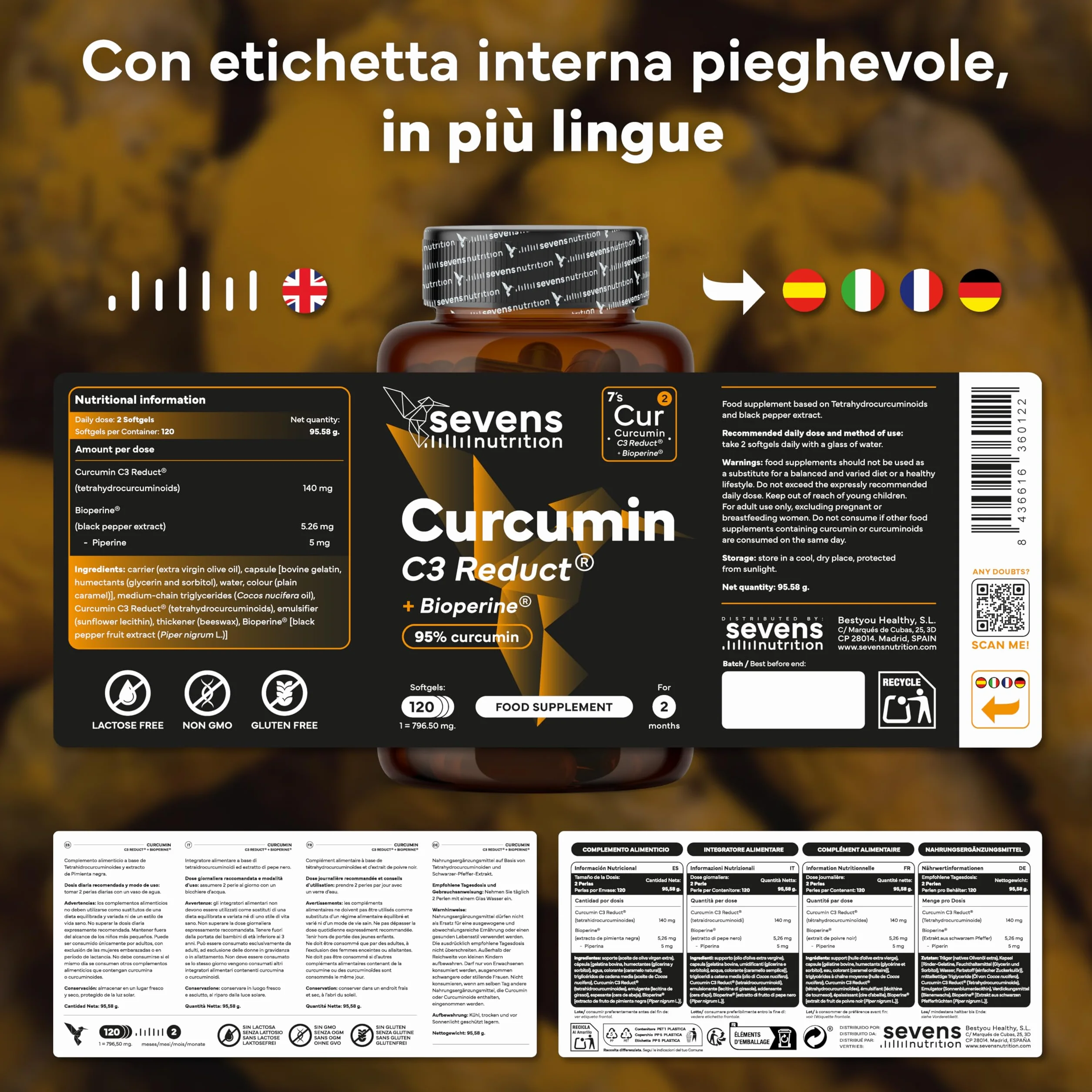 Curcumina 95% Curcuminoidi con Piperina e BioPerine® - Capsule Alta Biodisponibilità - Integratore Articolazioni e Digestione