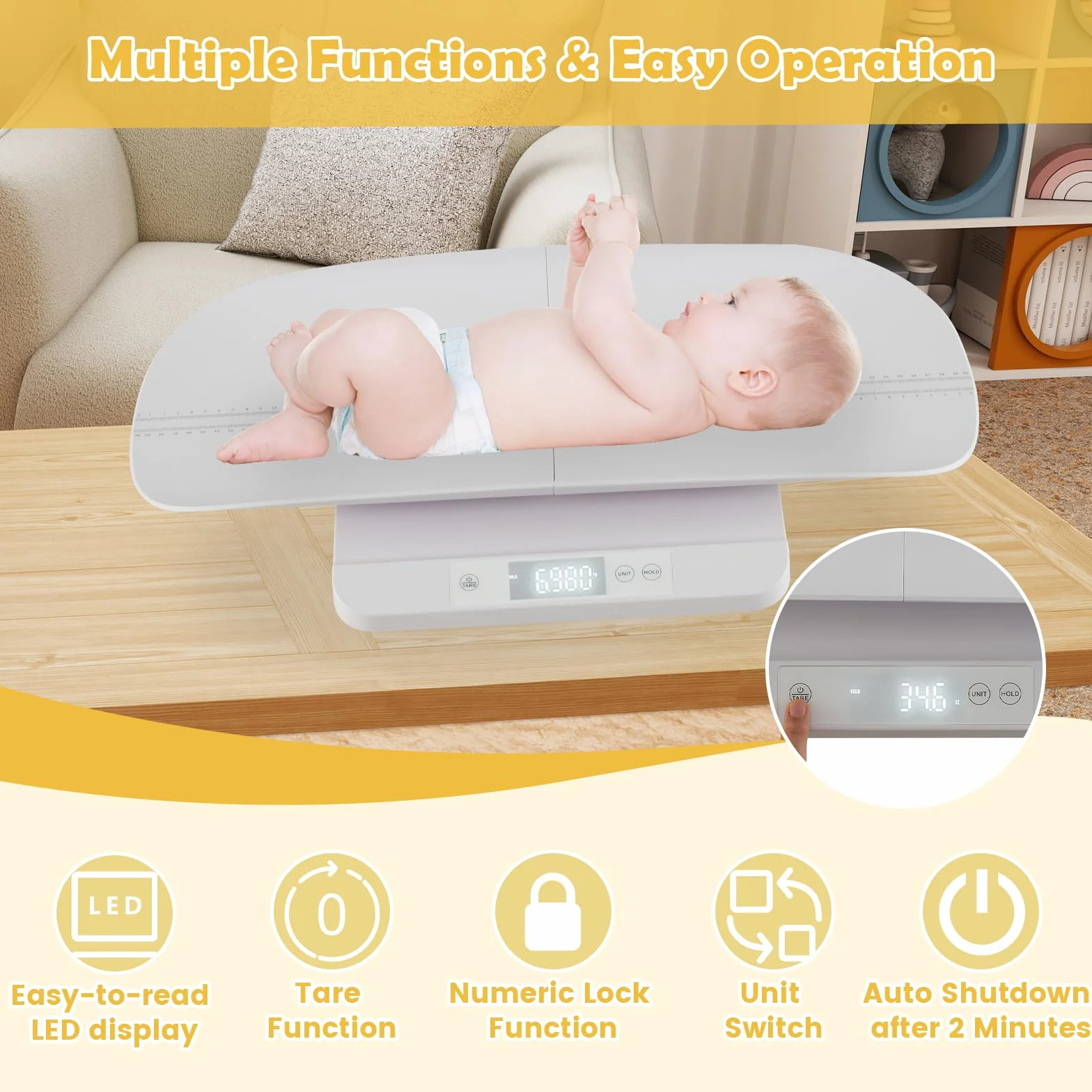 LIFEZEAL Bilancia Neonati 150kg con Misura Altezza, Schermo LED, Smontabile, Antiscivolo