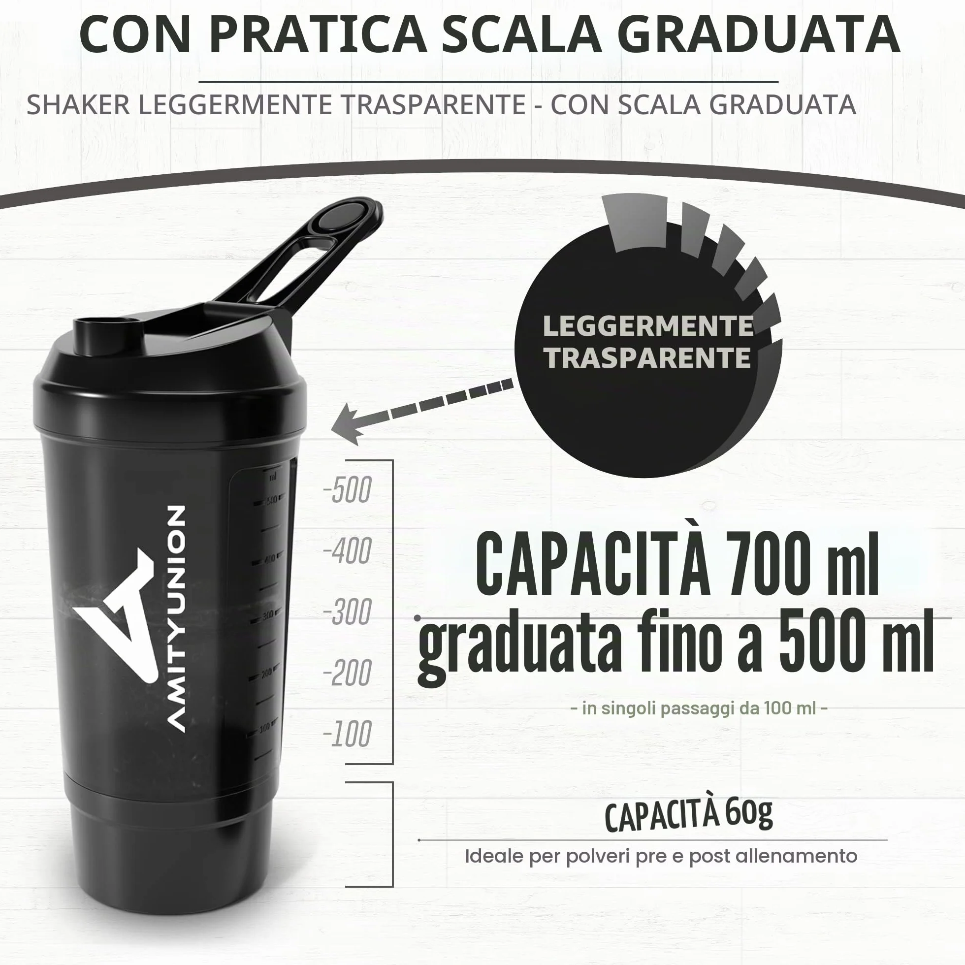 AMITYUNION Shaker per proteine ​​FYRA 700 ml con contenitore - scomparto polvere - shaker per proteine, senza BPA con setaccio e scala per frullati di siero di latte e BCCA, (Black)