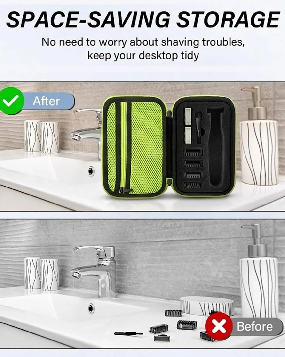 Custodia Rigida da Viaggio in pelle per Philips OneBlade QP2520 QP2530 QP2620 QP2630 QP2734 QP2824/30 QP2834/31 QP4631 QP6550 con Zipper Interno e Pennello,Nero + Verde