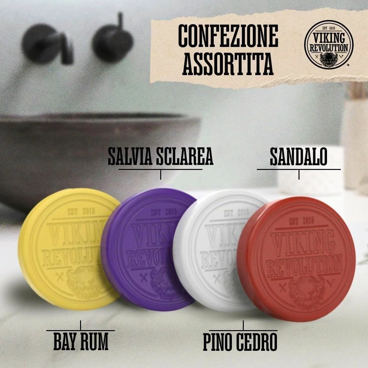 Viking Revolution Sapone da Barba Uomo - Sapone da Rasatura per Uso con Spazzola e Ciotola - Rasatura a Umido più Morbida - Confezione Assortita da 4 Saponette per Rasatura da 70 g.