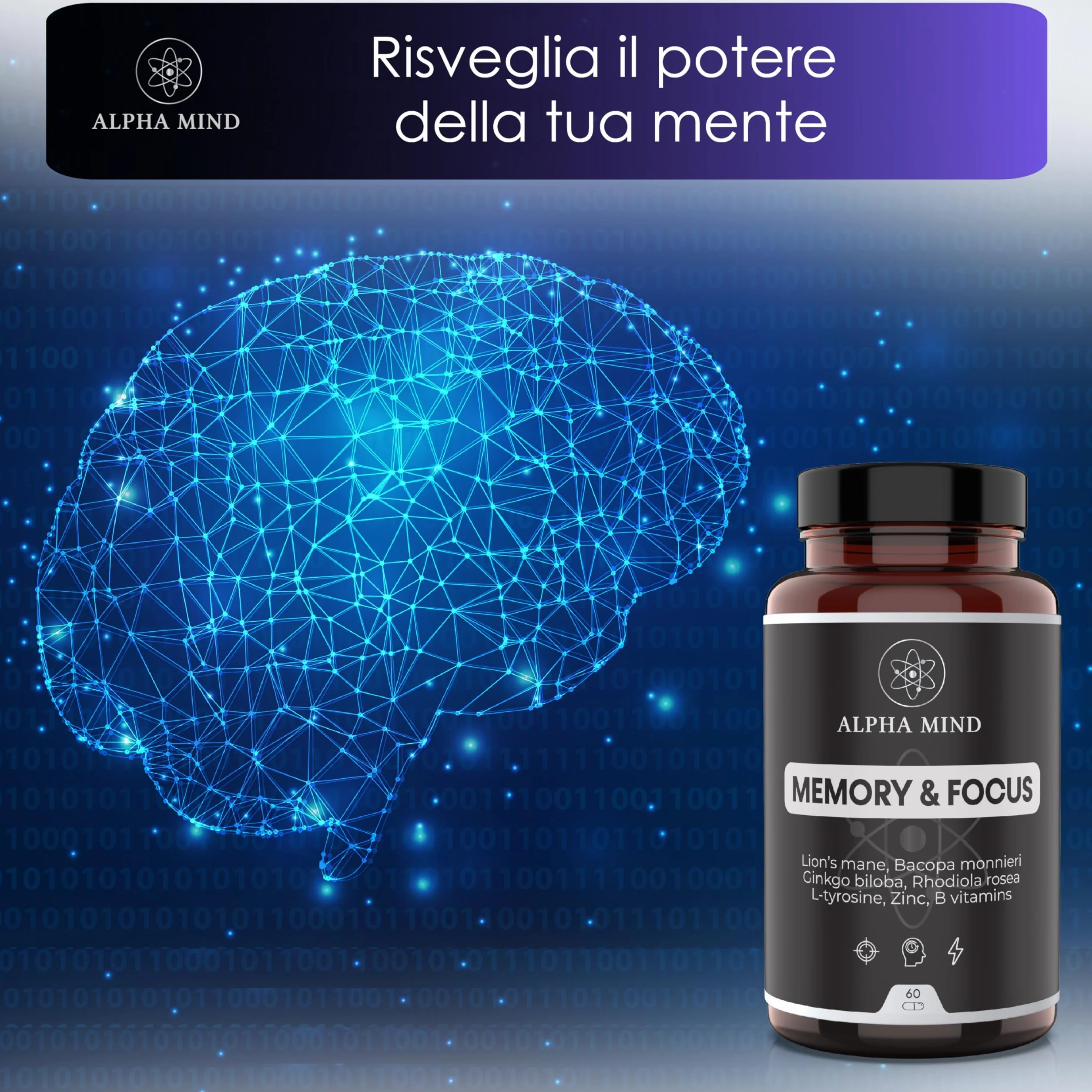 Nootropico Potente Naturale - Concentrazione, Memoria, Agilità Mentale - Con Lions mane, Ginkgo biloba, Bacopa Monnieri, Rhodiola Rosea, L Tirosina, Zinco, Vitamine B - Senza Caffeina