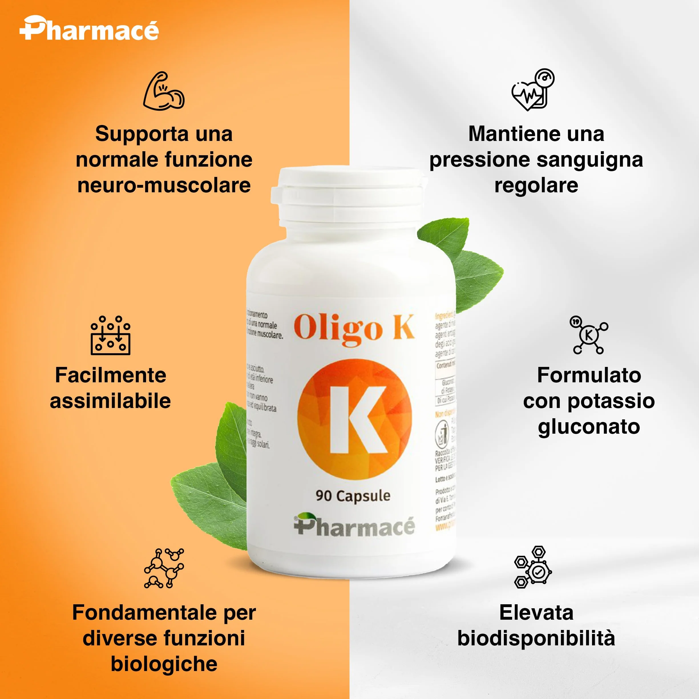 Pharmace' Oligo K - Potassio Gluconato ad Alta Biodisponibilita - 322mg per Compressa - 90 Compresse Senza Glutine e Lattosio - Prodotto in Italia