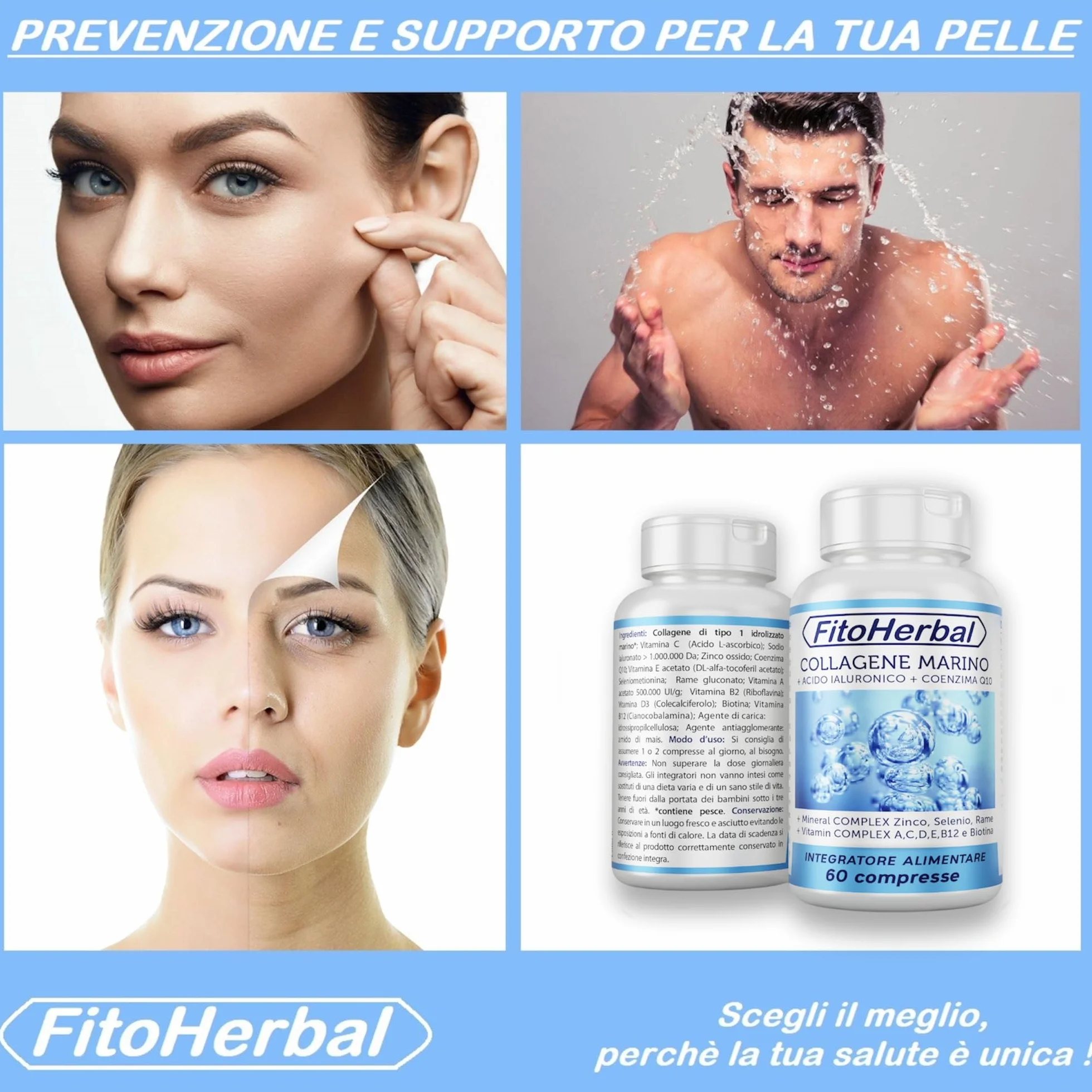 COLLAGENE MARINO CON ACIDO IALURONICO Coenzima Q10 Compresse di Collagene Idrolizzato con Vitamina Complex A C D E B12 Biotina Zinco Selenio