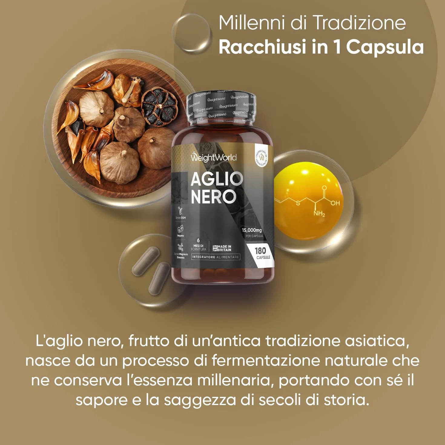 Aglio Nero Fermentato, 6 Mesi di Scorta, Estratto 100:1, 1 Sola Capsula al Giorno, Vegano, 180 Aglio Nero Capsule da 15000mg Ciascuna, da Allium Sativum, Senza Glutine, Senza Magnesio Stearato né OGM