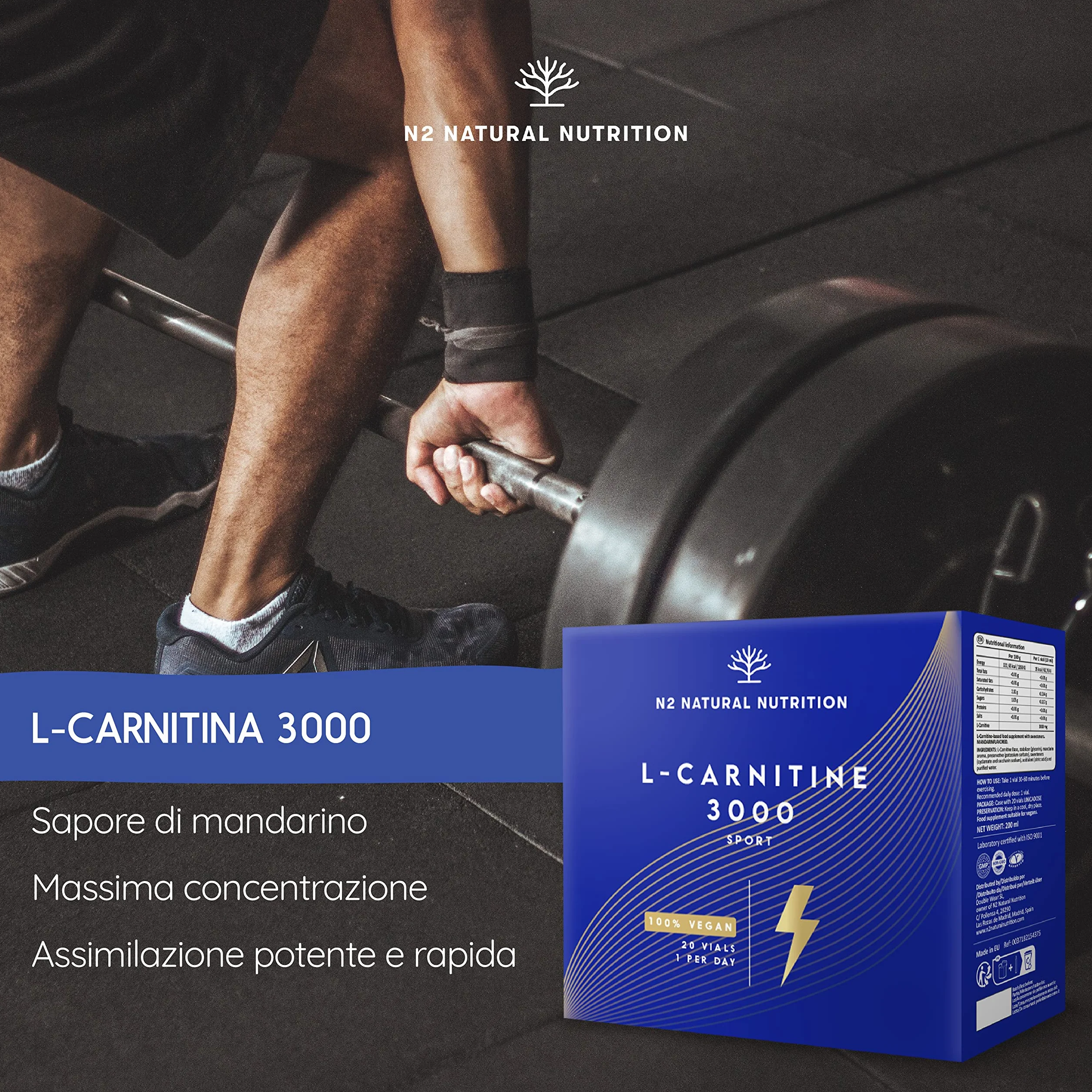 N2 Natural Nutrition L Carnitina 3000 Liquido Puro Integratore Alimentare 20 Fiale 3000mg Vegano