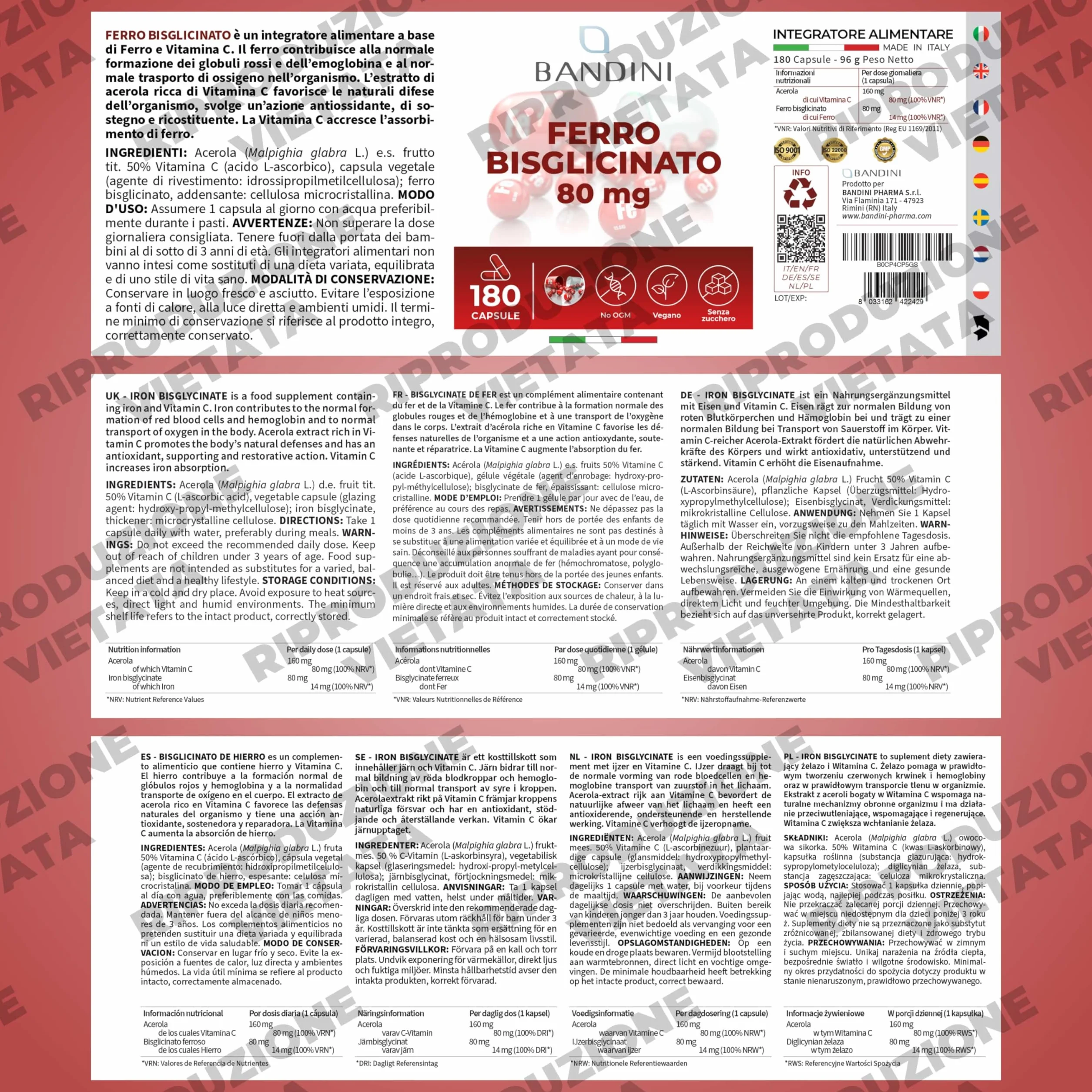 Bandini® Ferro Bisglicinato 80mg + Vitamina C 180 Capsule Vegan (Scorta di oltre 6 Mesi) - Contribuisce al Normale Metabolismo Energetico - Altamente Assimilabile e Biodisponibile - Iron + Vit C 160mg