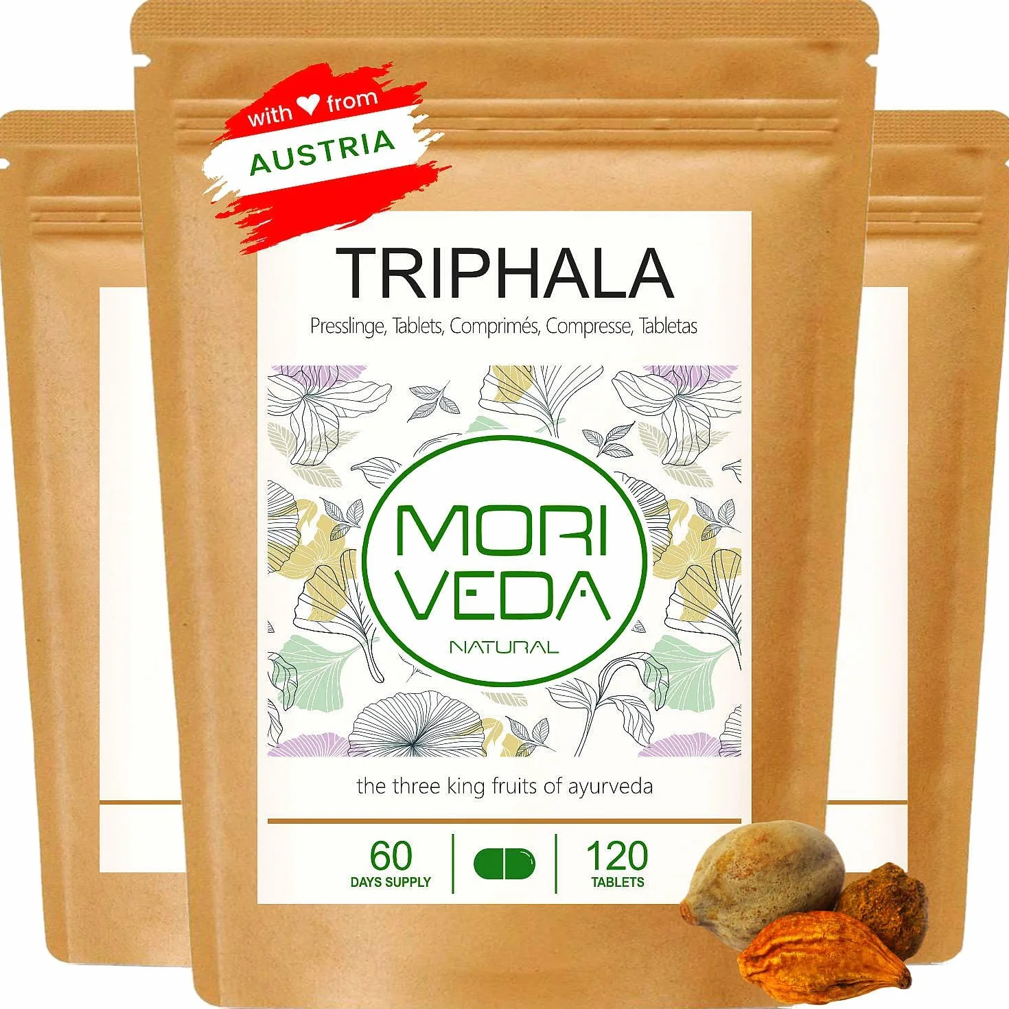 MoriVeda Triphala compresse 1000 mg, miscela ayurvedica di tre frutti composta da amla, haritaki e bibhitak, integratore vegetale vegano, 3x 120 compresse