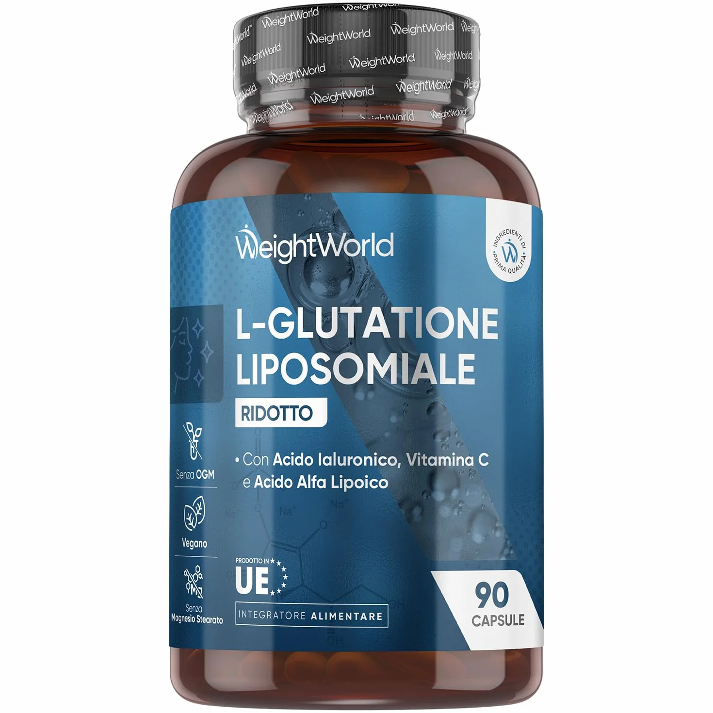 Glutatione Liposomiale Ridotto, 90 Capsule Vegane, Vitamina C, Acido Alfa Lipoico, Acido Ialuronico, La Vitamina C Contribuisce Alla Protezione Delle Cellule Dallo Stress Ossidativo (EFSA), Senza OGM