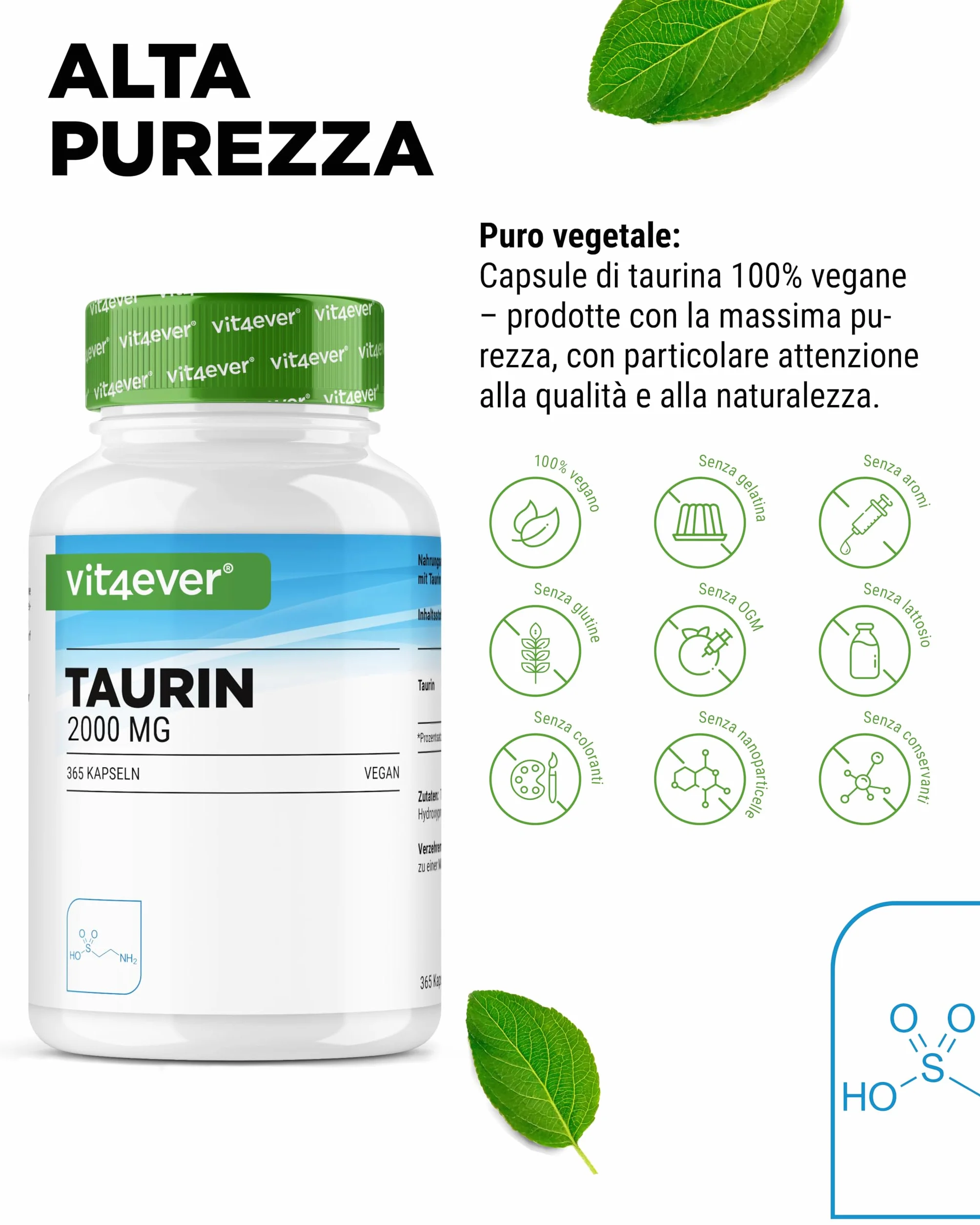 Vit4ever Taurina 365 Capsule Extra Alto Dosaggio 2000 mg per Dose Giornaliera Vegano
