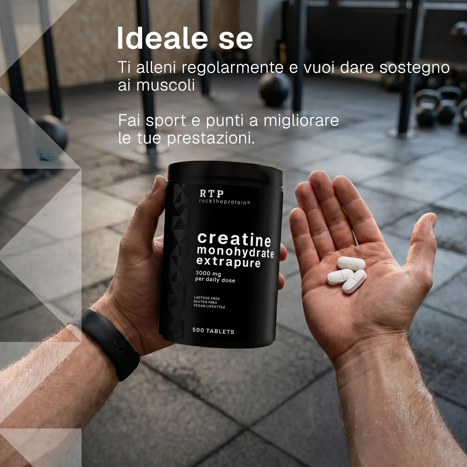 Creatina Monoidrata Compresse RTP – da 3000 mg Creatine Monohydrate – Creatina Pura in Pastiglie – Integratore per Sport, Palestra e Post Workout – 500 Compresse Senza Glutine, Senza Lattosio