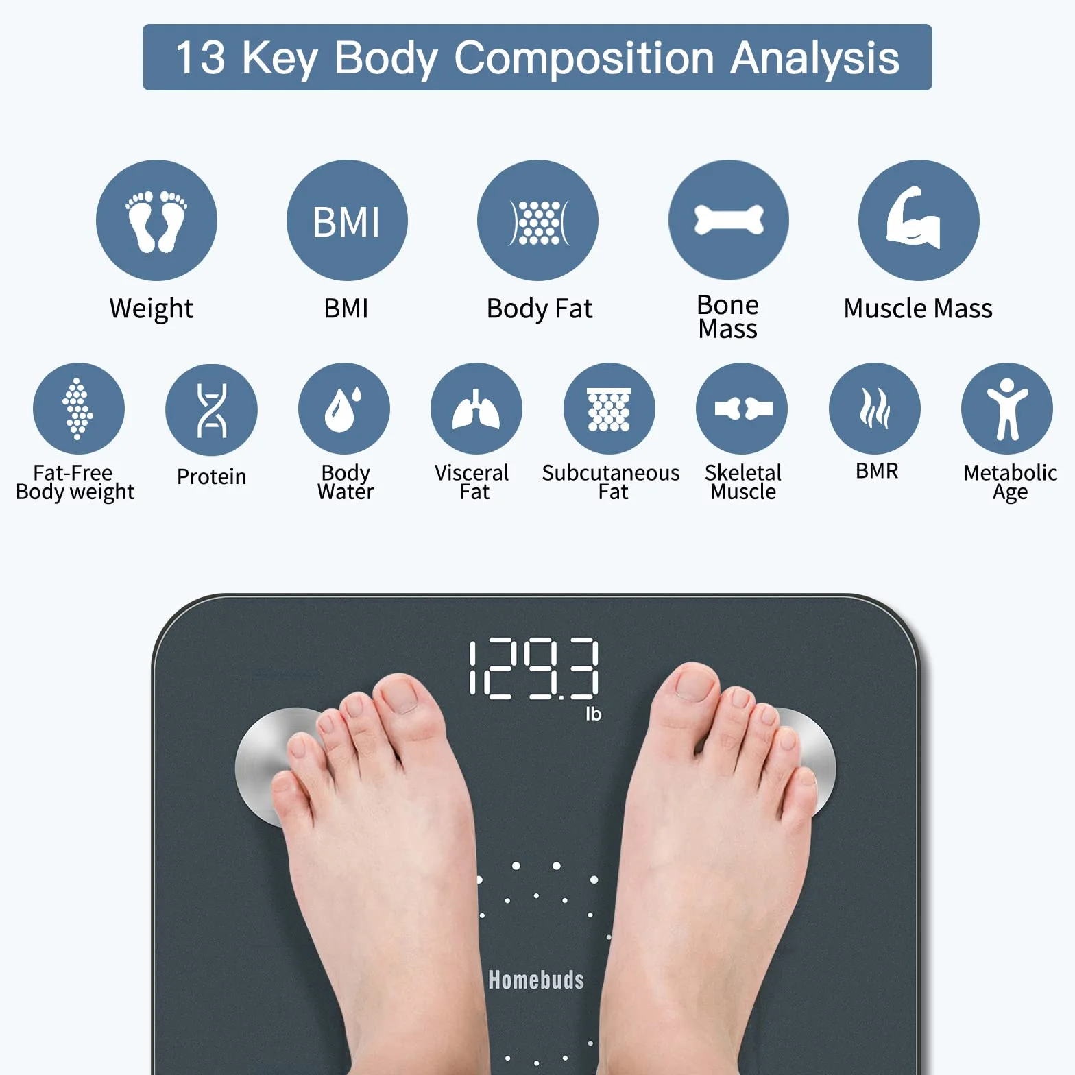 Homebuds Bilancia Pesapersone, Alta Precisione Assicurato Dalla Fabbrica Professionale di Bilancia Pesapersone Digitale dal 2001, App Sync 13 Composizione Corporea, 182kg, LED, Blu