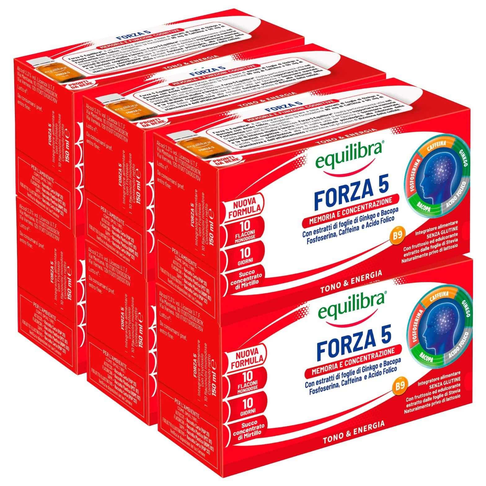 6x Equilibra Integratore Forza 5 per Memoria e Concentrazione con Acido Folico ed Estratti di Ginkgo Senza Glutine e Lattosio - 6 Confezioni da 10 Flaconi
