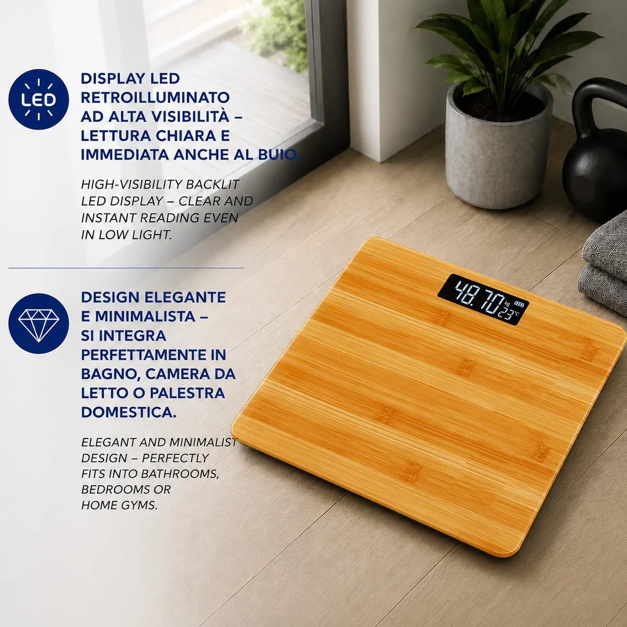 IPEA Bilancia Pesapersone Digitale Ultra Sottile color Legno - Tecnologia STEP ON - Massima Precisione Peso - Design Elegante in Vetro Temperato - Display Misurazione precisa 0,1 KG - Max 180Kg