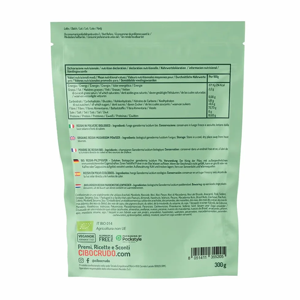 Reishi Ganoderma Lucidum Puro e Bio in Polvere - 300g. Fungo Reishi Biologico Essiccato al Sole e Macinato a Basse Temperature. Funghi medicinali Fonte di Antiossidanti, Fungo Cinese Reishi