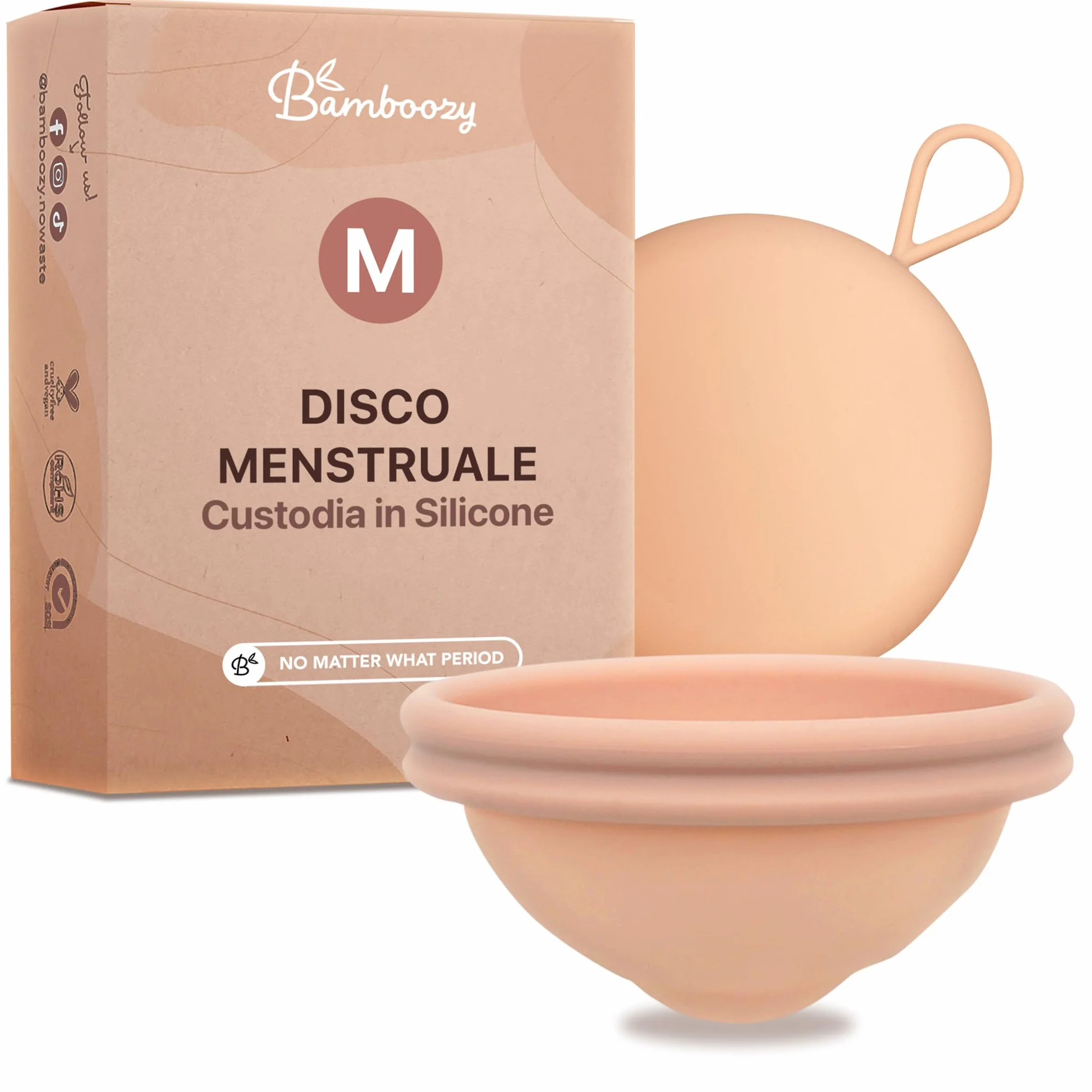 Bamboozy Disco Menstruale con Custodia in Silicone (M) - Disco Menstruale Sostenibile e Riutilizzabile in 100% Silicone Medicale - Senza BPA - Protegge fino a 12 ore - per Sport e Nuoto
