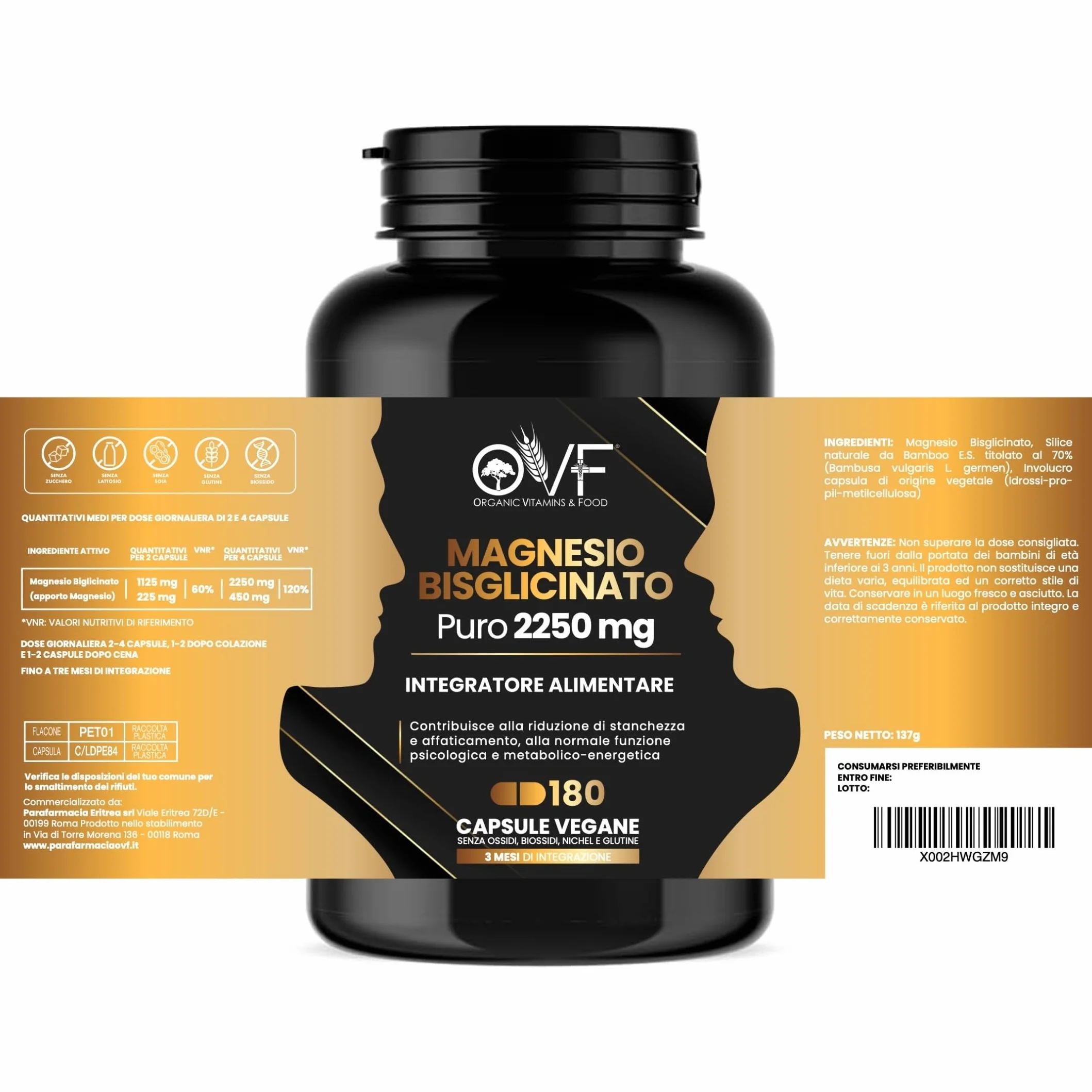 MAGNESIO BISGLICINATO PURO 180 Capsule da 450 mg | 3 Mesi di Integrazione | Supporto per Muscoli e Sonno Integratori Stanchezza Puro Alta Biodisponibilità Vegano