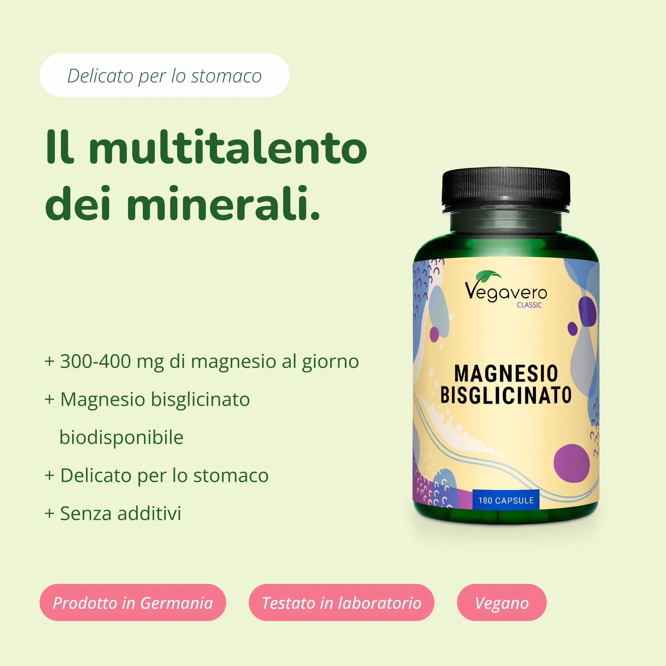 Magnesio Bisglicinato 400 mg di Magnesio Puro Elementare Forma Chelata Biodisponibile Vegavero