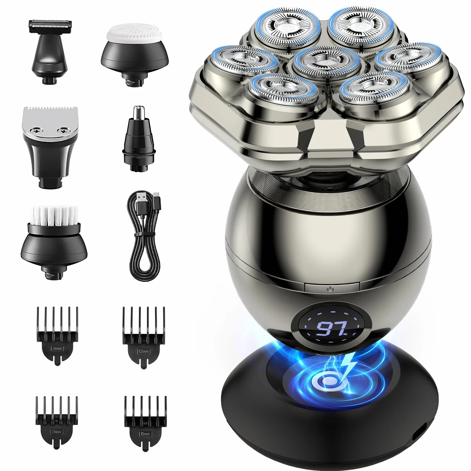 Rasoio Testa Calva Zero Assoluto 7D Magnetici Rimovibile 6 in 1 Impermeabile IP67 Display LED