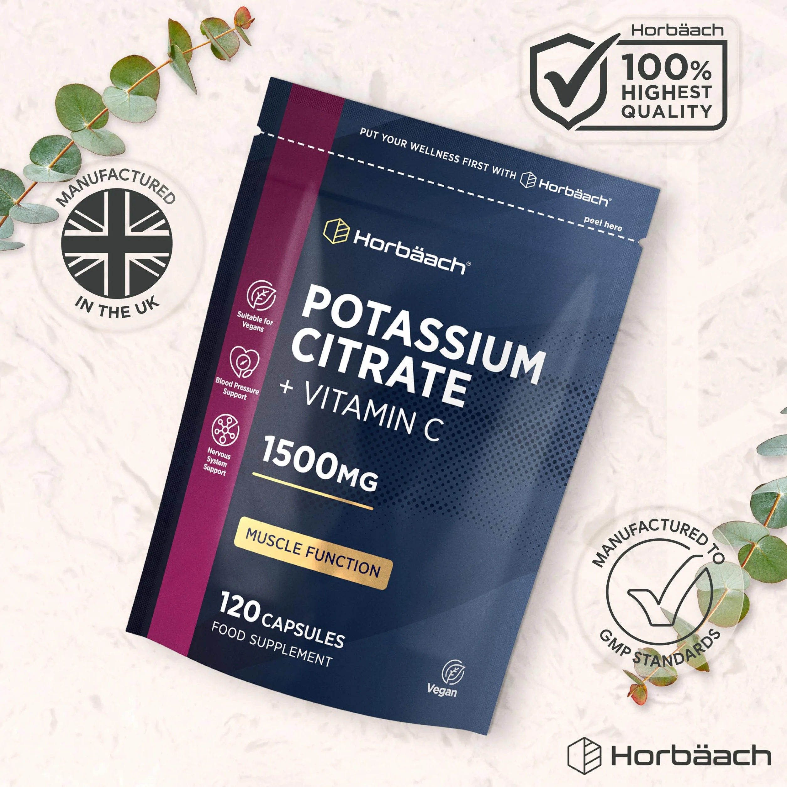 Citrato di Potassio con Vitamina C | 120 Compresse Vegane | 1500mg di Potassium Citrate | Aumento della massa muscolare e Elettroliti (EFSA) | Integratore di Potassio | Horbaach