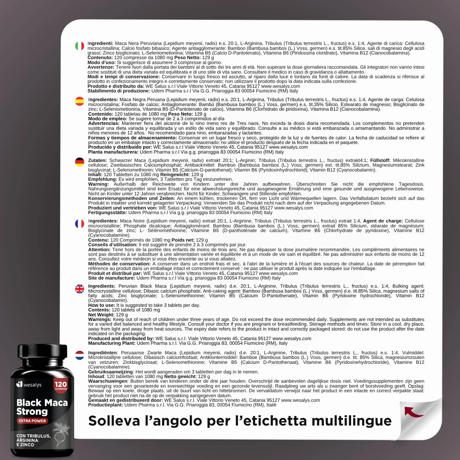Maca Peruviana Nera Estratto Puro 20:1, 30.000 mg + Tribulus Terrestris + Arginina + Zinco | Integratori Made In Italy | Mass | Maca Wesalys