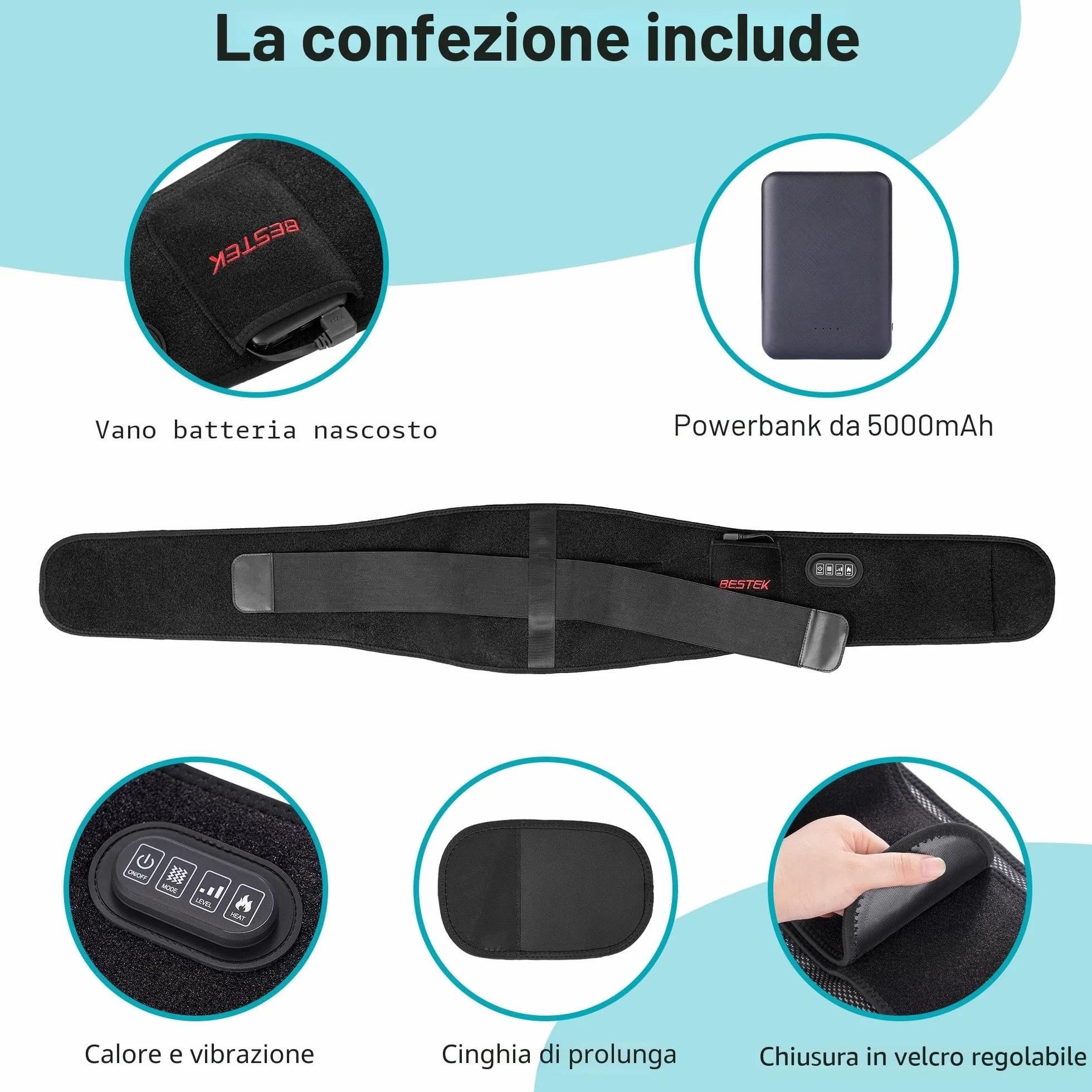 BESTEK Fascia Massaggio Lombare Riscaldante Cintura Riscaldante con 3 Livelli di Temperatura e Massaggio a Vibrazione–Termoforo Elettrico con Spegnimento Automatico per Schiena, Spalle e Addome