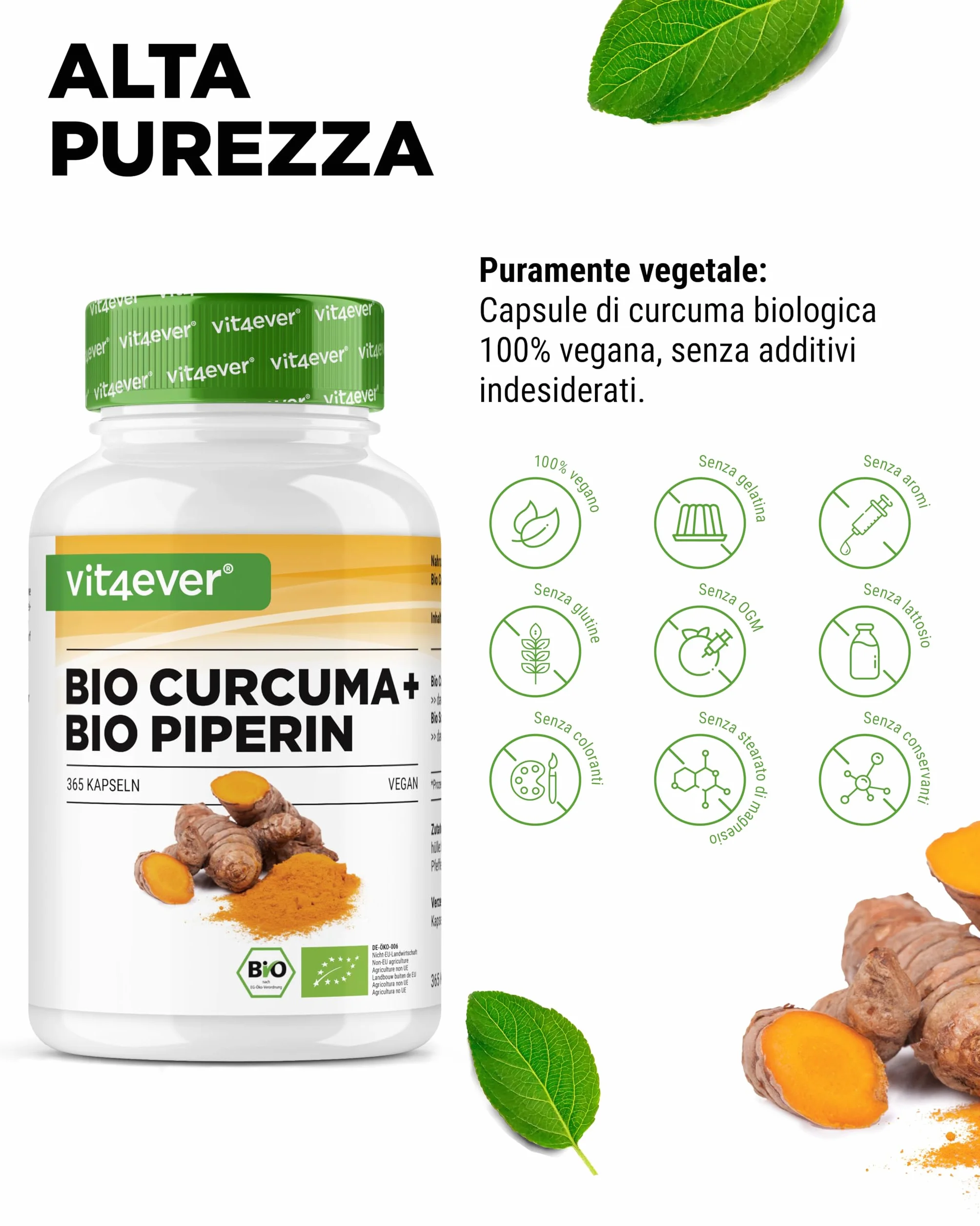 Curcuma organica con pepe nero 365 capsule 4511 mg curcumina piperina alto dosaggio vegano