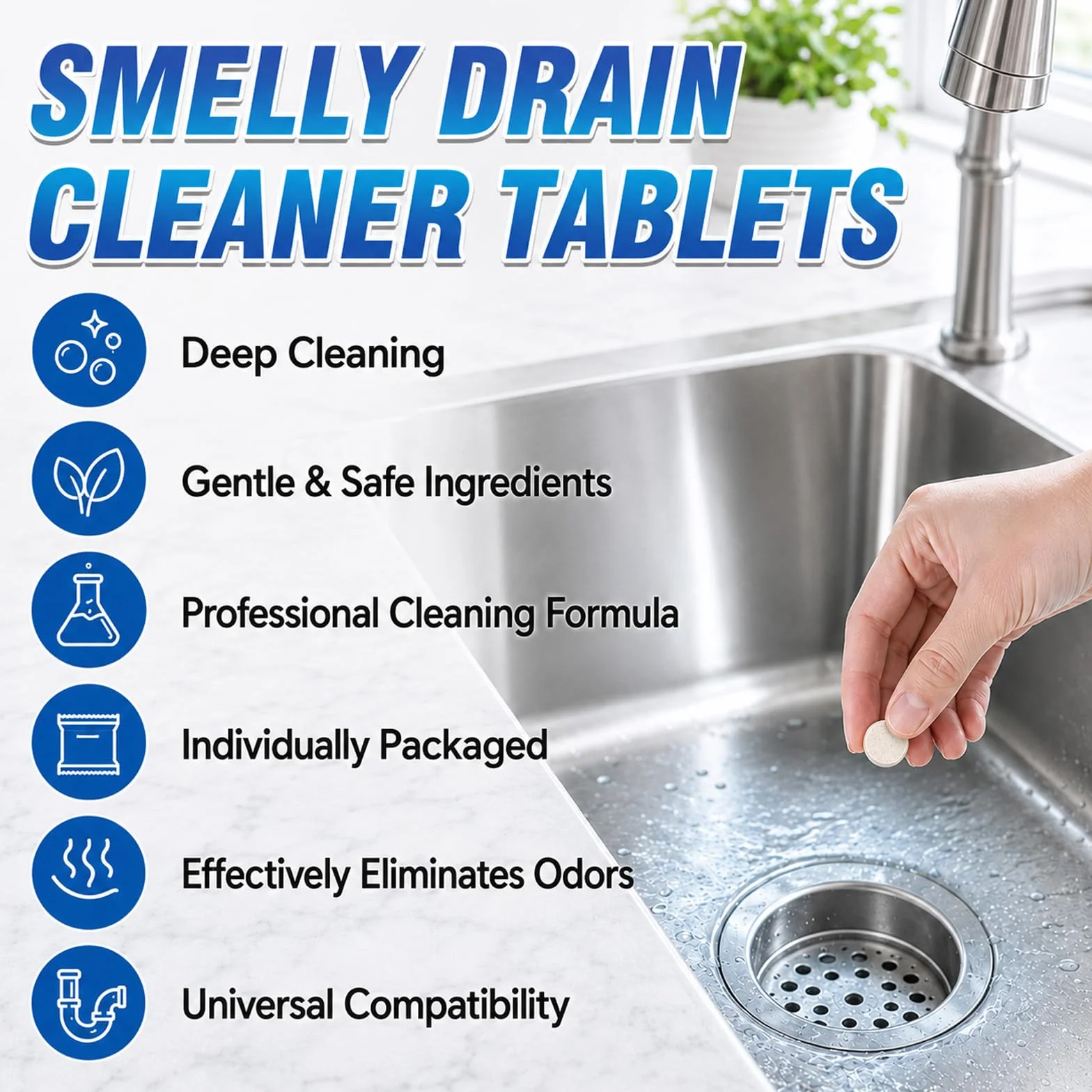 Pastiglie Elimina Cattivi Odori Scarichi 50 Compresse Deodorante Scari-chi Cucina Bagno WC