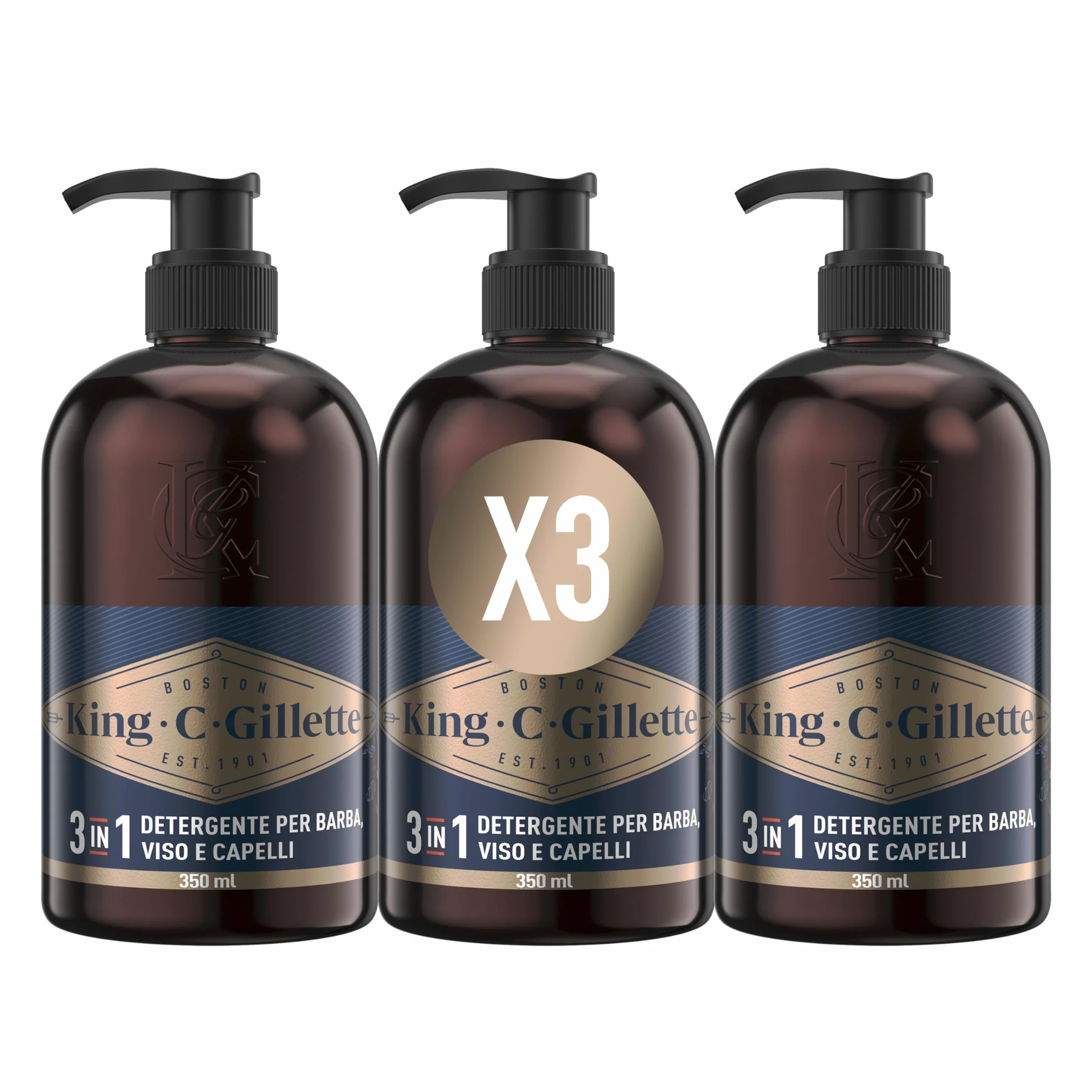 King C. Gillette DETERGENTE VISO UOMO 3 In 1, Sapone Barba, Viso E Capelli, Pulizia E Freschezza, Profumazione King C., Cura della Barba, Idea Regalo Uomo, Confezione da 3x 350ml