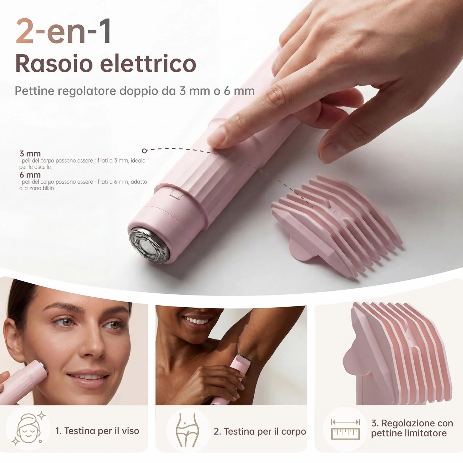 Rasoio Elettrico Donna 3 in 1 Ricaricabile USB per Viso Zone Intime Gambe Braccia Ascelle Bikini Pelli Sensibili Rosa