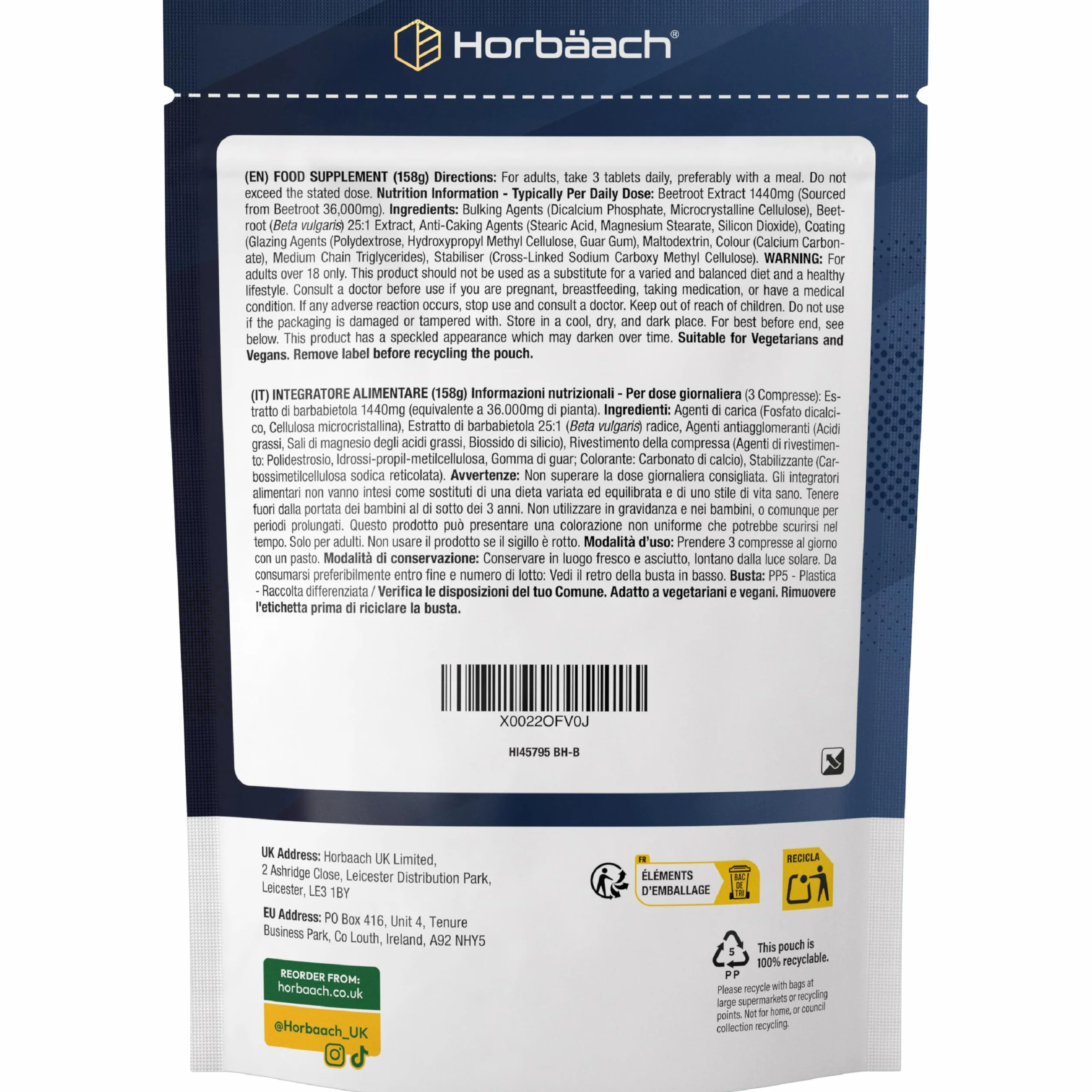 Horbaach Barbabietola Rossa Integratore 36.000mg Stimolatore Ossido Nitrico 120 Compresse Vegane