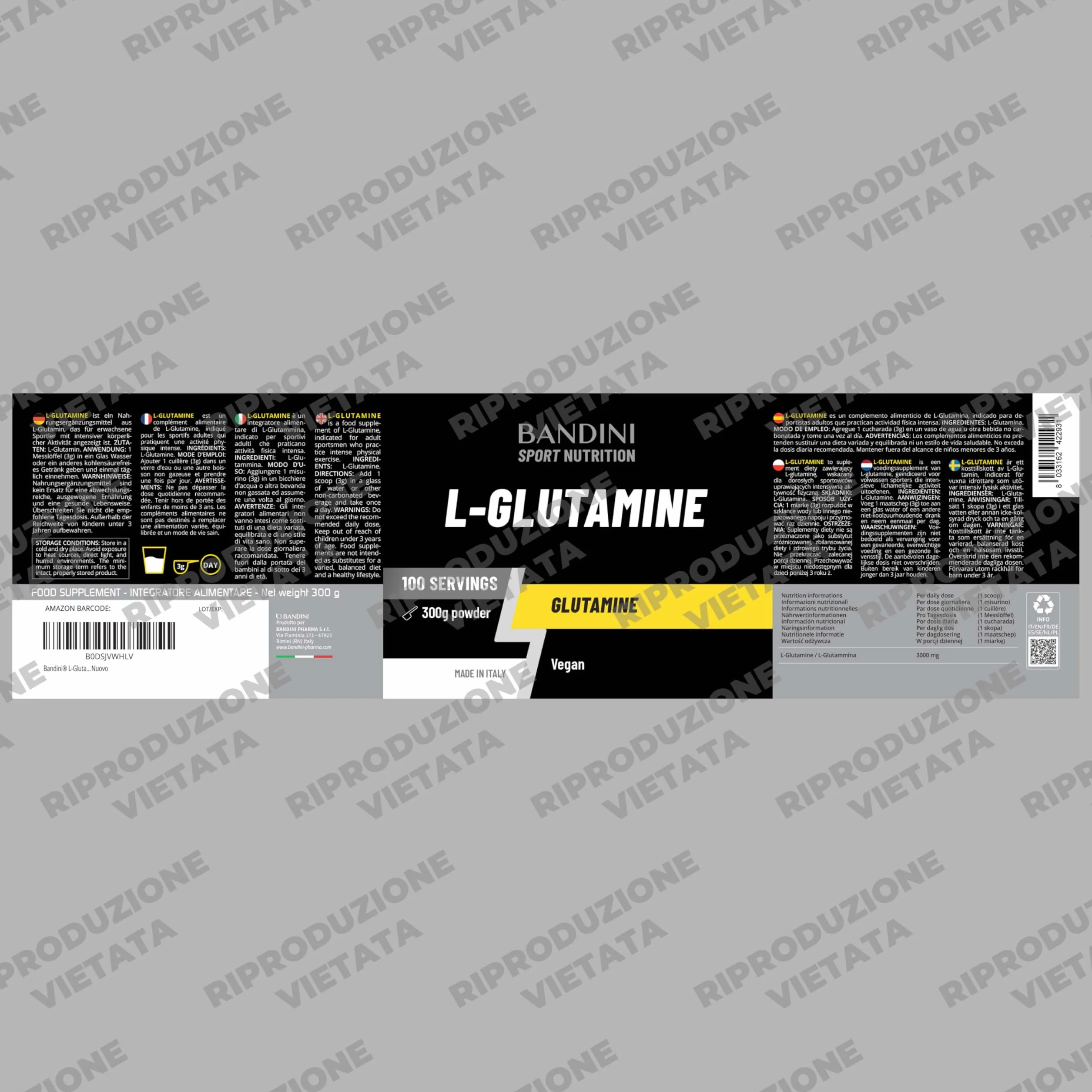 Bandini® L-Glutammina Pura in Polvere, Aminoacido utile per Esercizi Fisici ad Alta Intensità e per la Massa Muscolare, Glutammina 100% Vegan, Glutamine POWDER, Palestra e Sport, Confezione da 300g