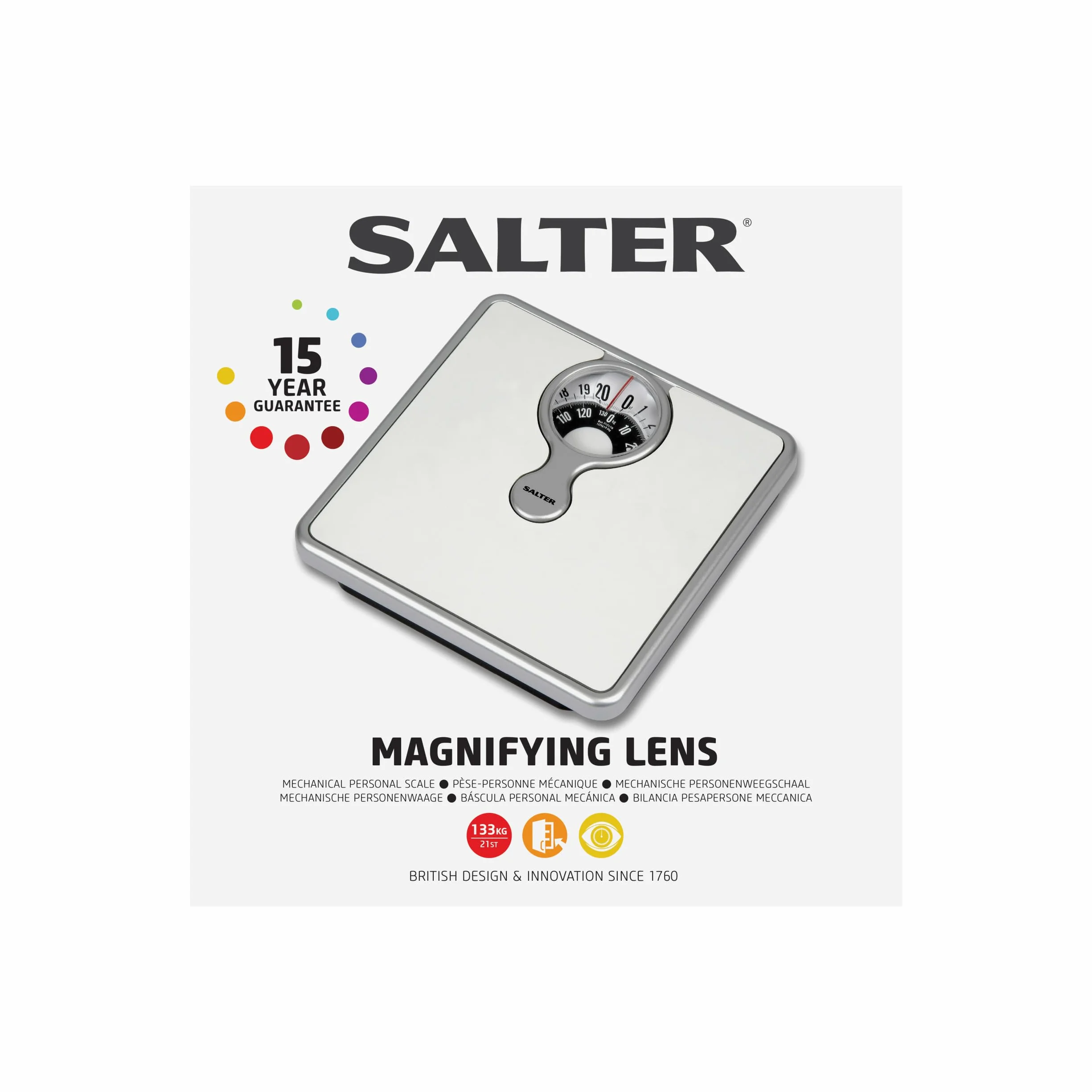 Salter Bilancia Meccanica da Bagno – Bilancia Pesa Persona Analogica, Quadrante con Lente d’Ingrandimento, Portata Massima 133 KG, Design Monocromatico, Senza Batterie, Colore Bianco