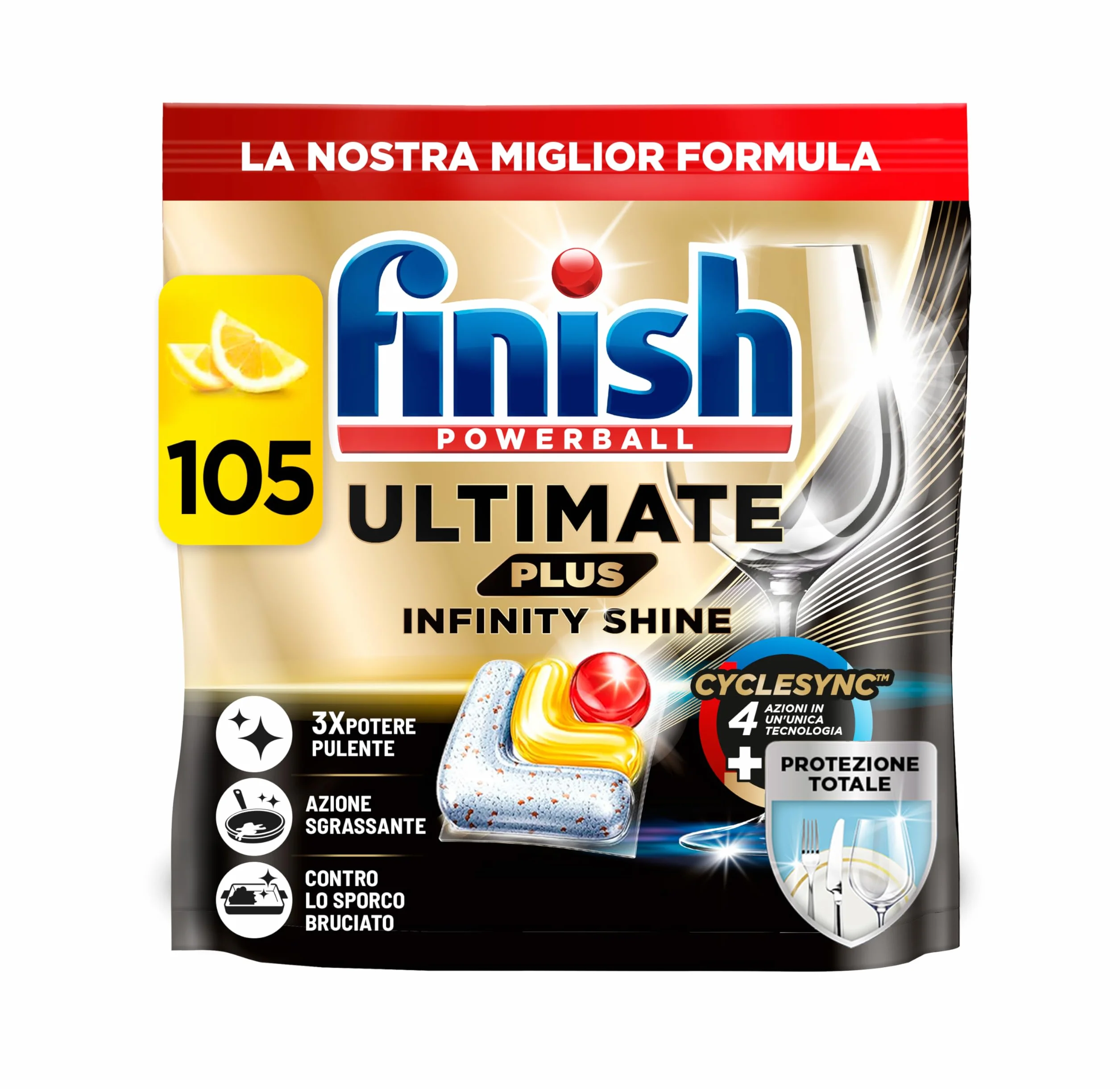 Finish Ultimate PLUS Infinity Shine Pastiglie Lavastoviglie al Limone, 105 Capsule con Scudo Protettivo contro lo Sporco e i Residui Incrostati