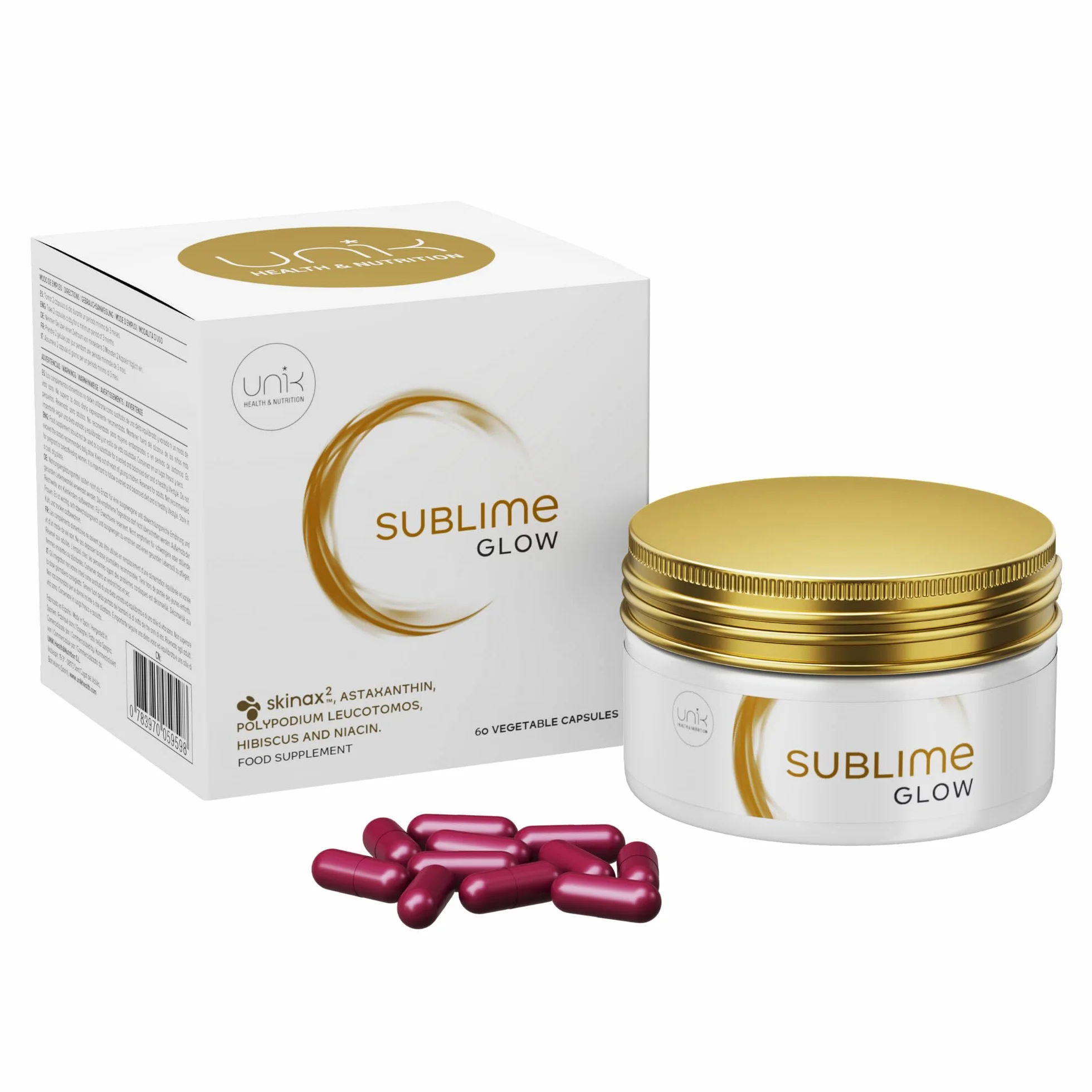 Astaxantina Integratore Glow Pelle 60 Capsule SkinAx Niacina Zinco Polypodium Hibiscus Antiossidante Potente Nutricosmetico Unik Health