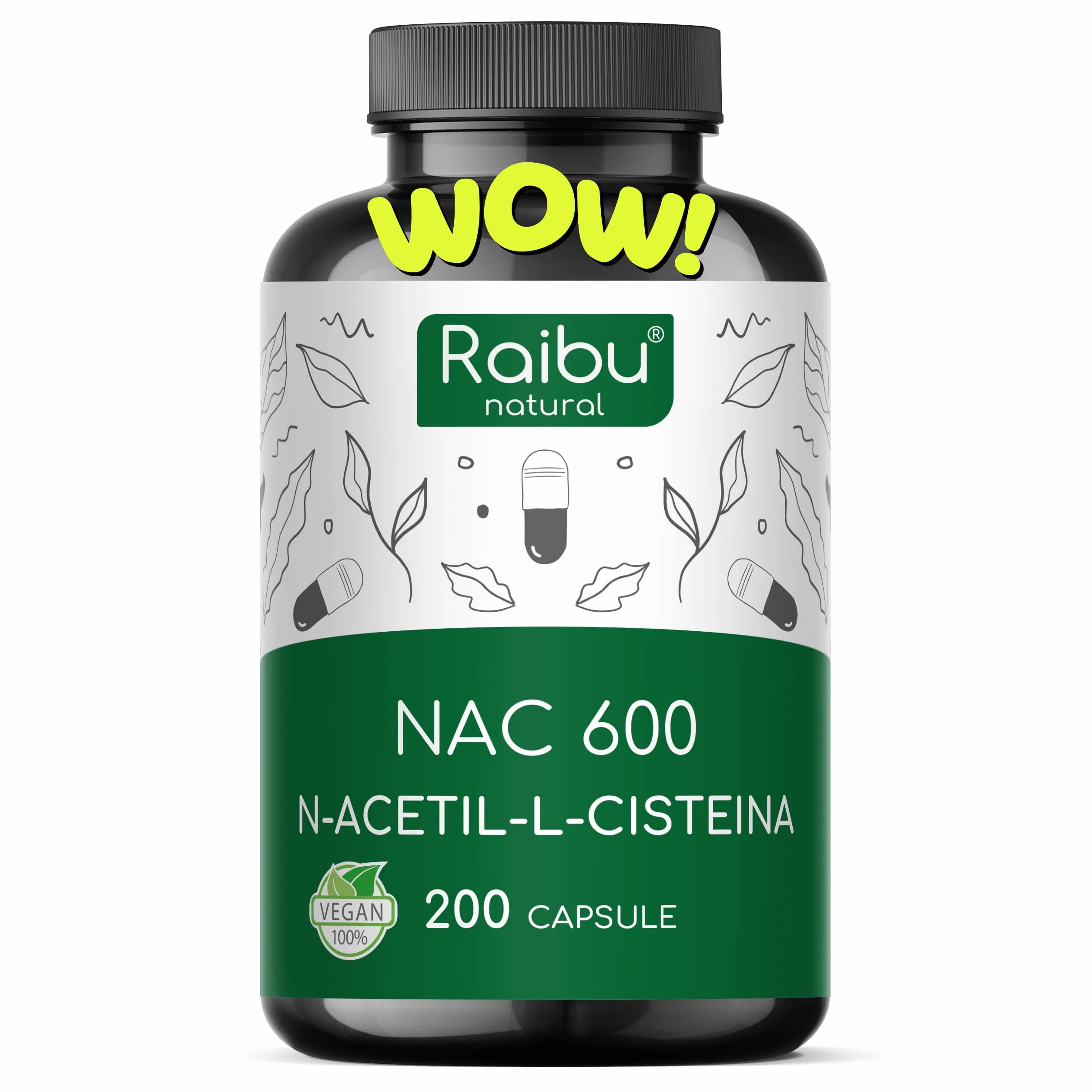NAC N-Acetil-Cisteina 600mg - 200 capsule - 100% NATURALE - Vegano e senza additivi - Altamente dosato - Qualità Premium - Prodotte da Raibu