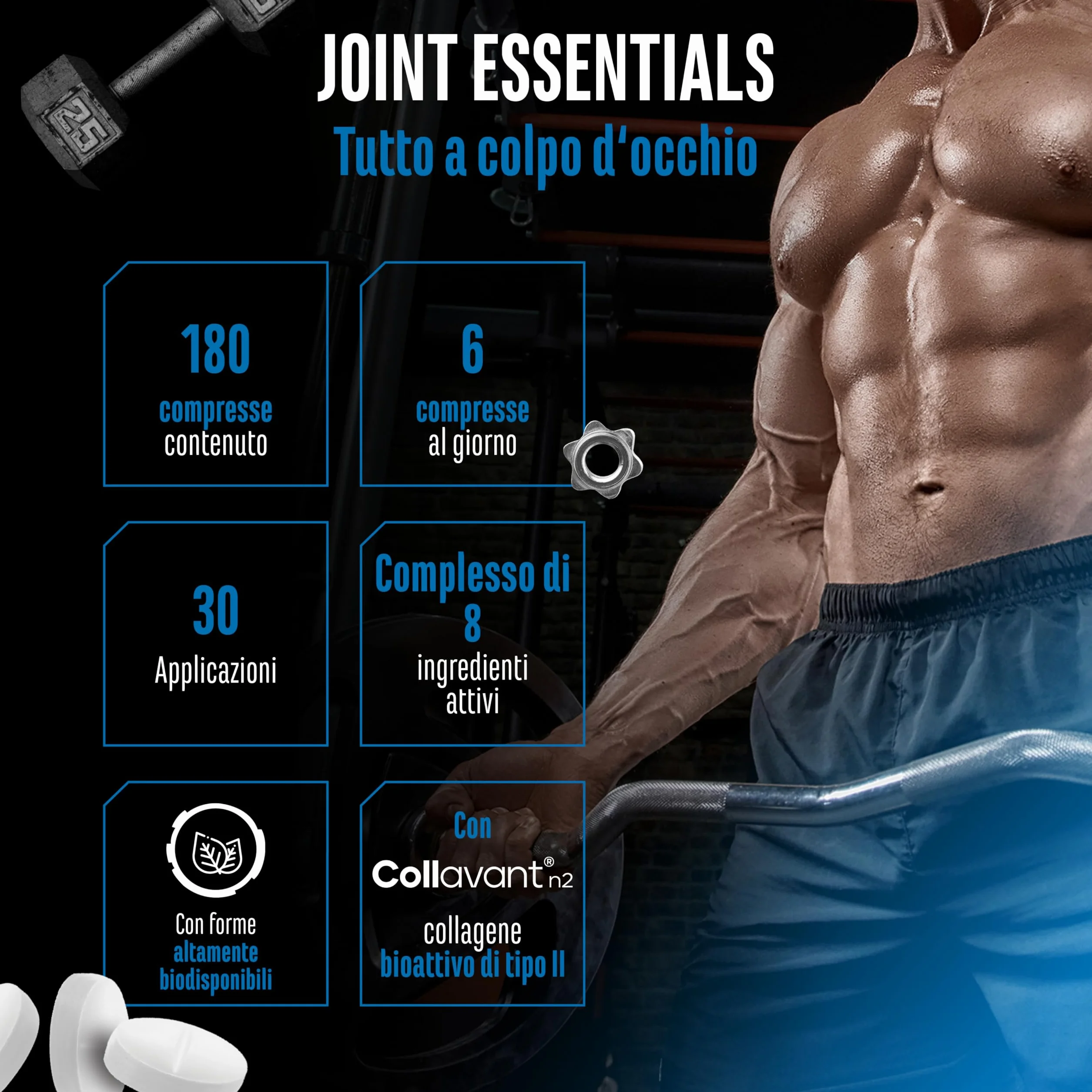 Joint Essentials – Integratore per le articolazioni con Collavant® N2 collagene di tipo II – Glucosamina + Condroitina + MSM + Acido ialuronico + Vitamina C + Cissus + Incenso – 180 compresse