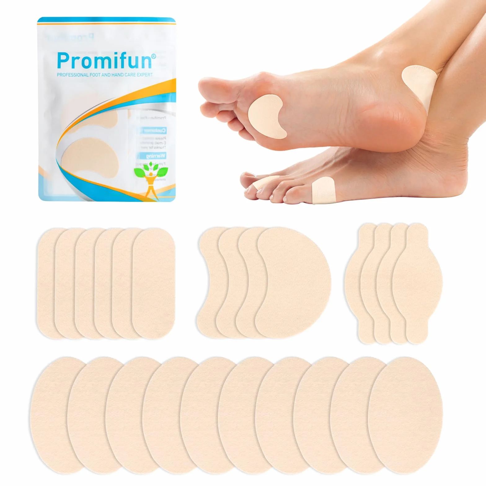 Promifun Moleskin Strips with Adhesive Blister Prevention Pads Mole Skin Tape Stickers for Feet Heel Shoes Padding,24 Sheets of 4 Shapes (48 Pieces Total)