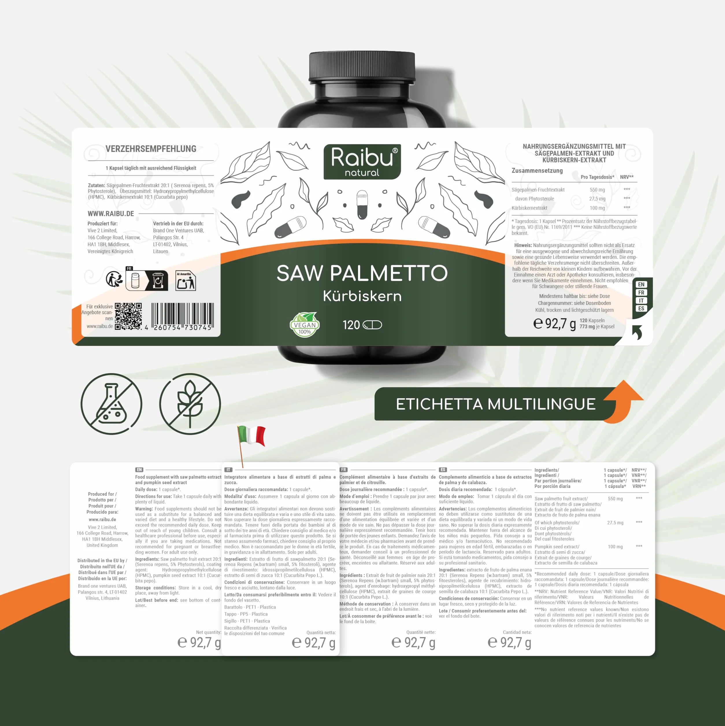 Raibu Serenoa Repens 1100 mg Integratore Prostata Uomo, Estratto 20:1 Saw Palmetto con Semi di Zucca, 120 Capsule Vegane