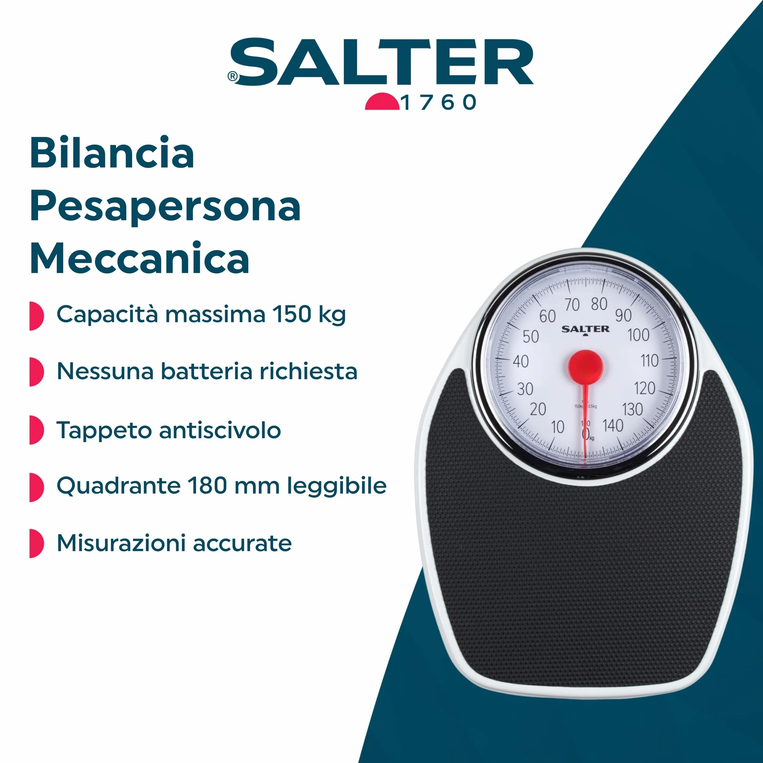 Salter 195 WHKR Bilancia meccanica da bagno Doctor Style 150 kg ampia pedana 180 mm finitura in gomma