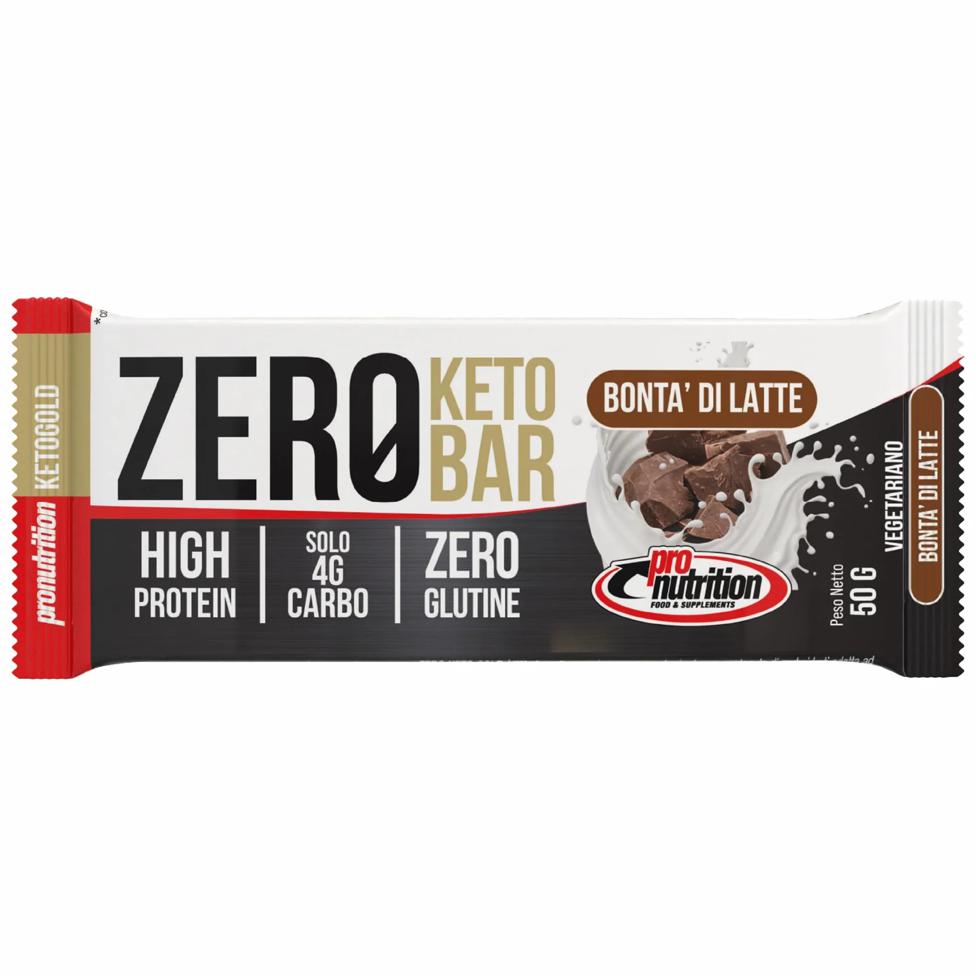 Pronutrition Zero Keto Bar Proteica 40% con Proteine Isolate del Siero del Latte – Barretta Low Carb, 3,4 g Carboidrati, Senza Glutine, Gusto: Bontà di Latte