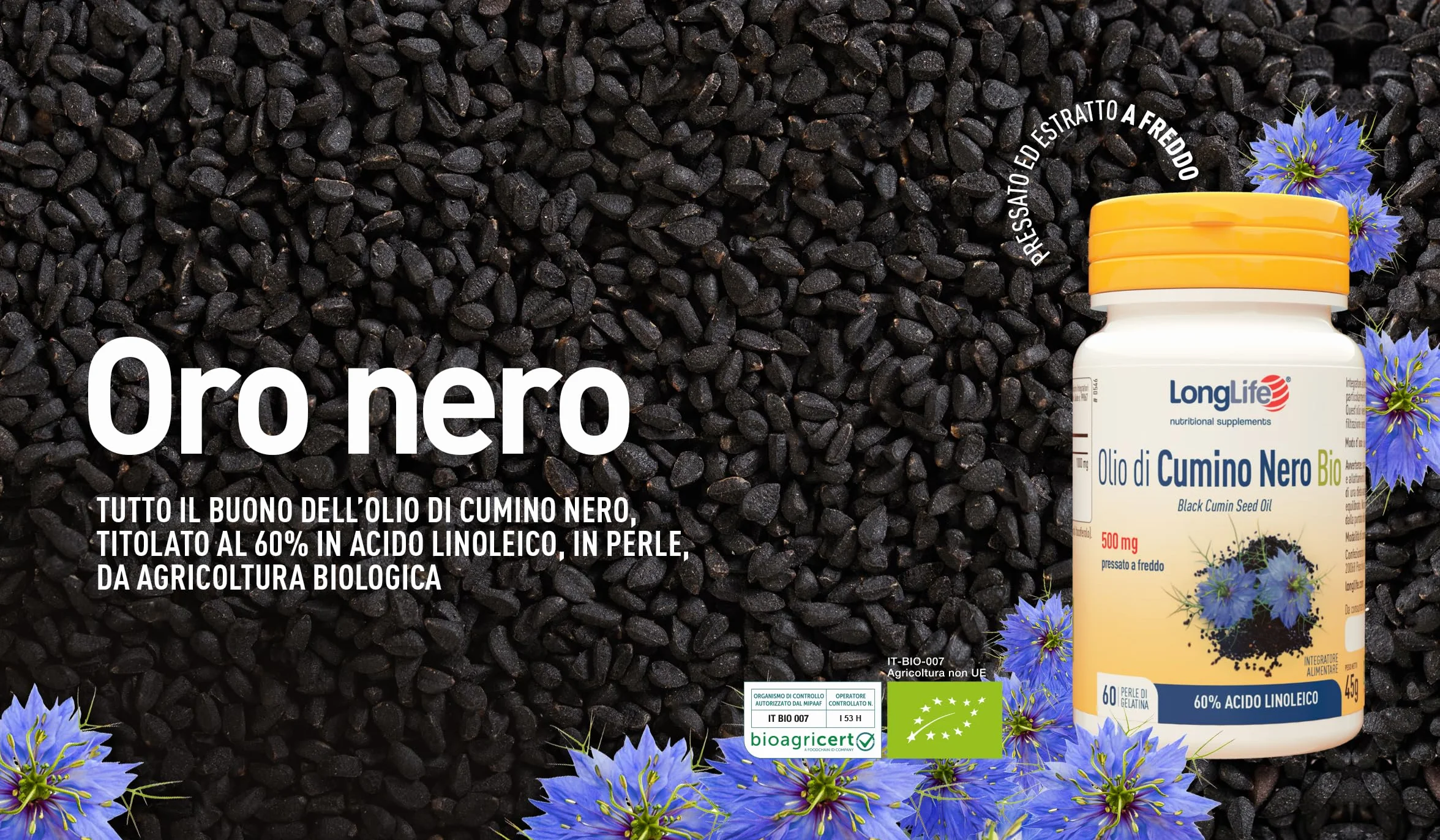 LongLife® Olio di Cumino Nero Bio | Titolato al 60% in acido linoleico | Pressato a freddo | Sostegno immunitario e cardiovascolare | Funzione antiossidante | 1 mese di trattamento | Senza glutine