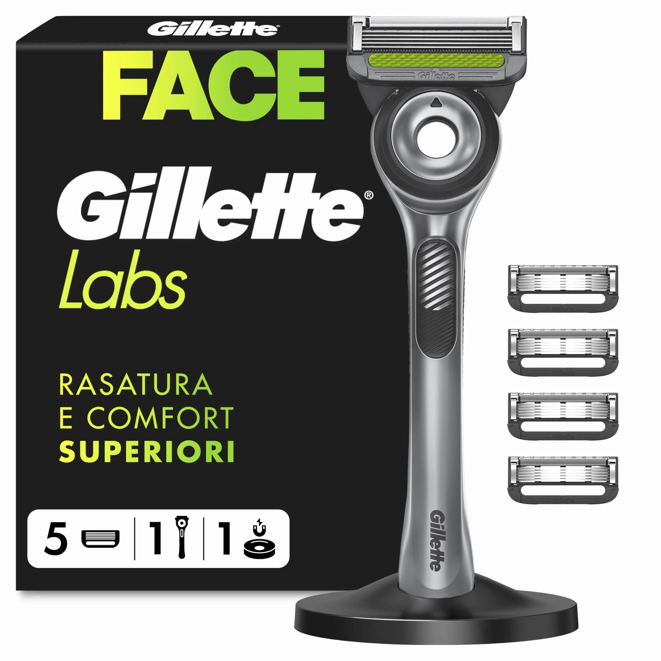 Gillette Labs Rasoio Barba Manuale con Barra Integrata, 1 Manico, 5 Lamette Gillette di Ricambio, con Base Magnetica, Grigio, Rasoio Barba e Lamette di Ricambio