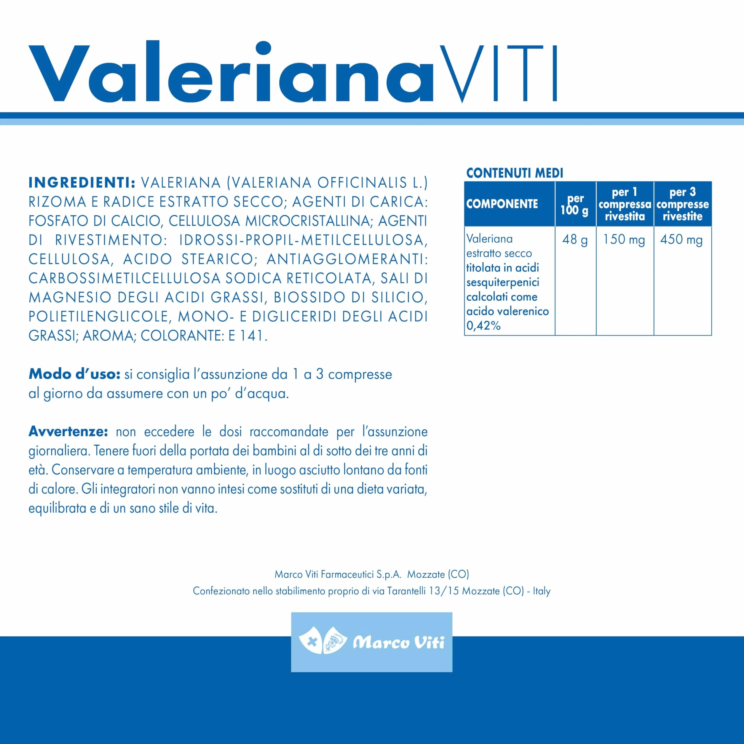 Valeriana Viti Integratore Rilassante 30 Compresse Senza Glutine e Lattosio