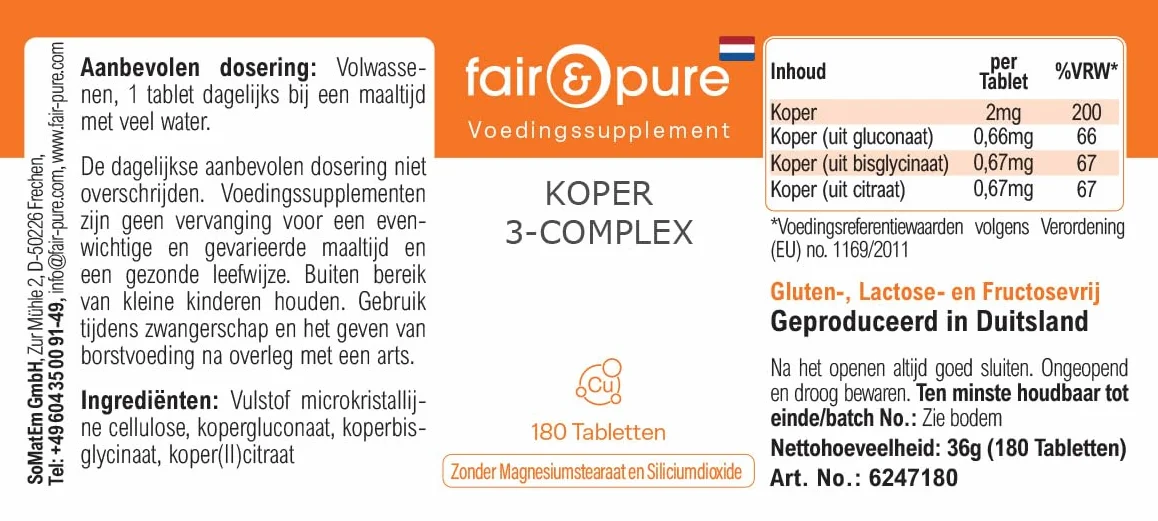 Fair & Pure Complesso di rame a 3 componenti, 180 compresse, 2 mg per compressa, facili da deglutire, integratore alimentare vegano senza additivi, prodotto in Germania